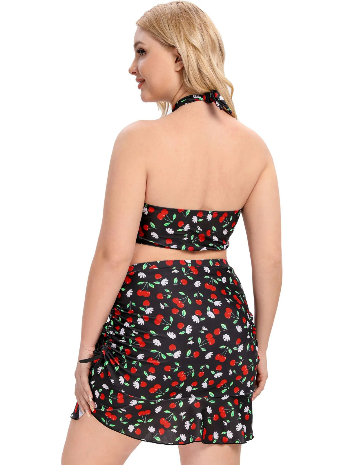 [Plus Size] Black 1930s Cherry Halter Swimsuit - Image 3
