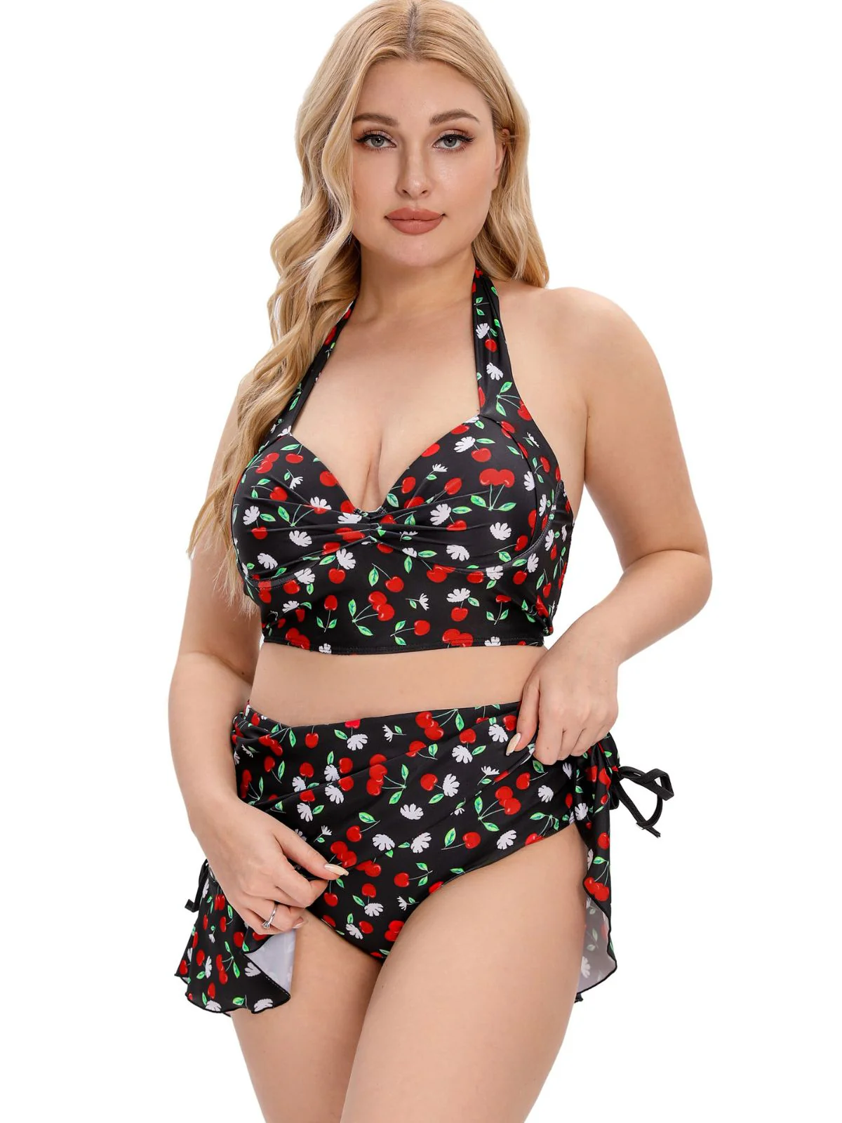 [Plus Size] Black 1930s Cherry Halter Swimsuit - Image 4