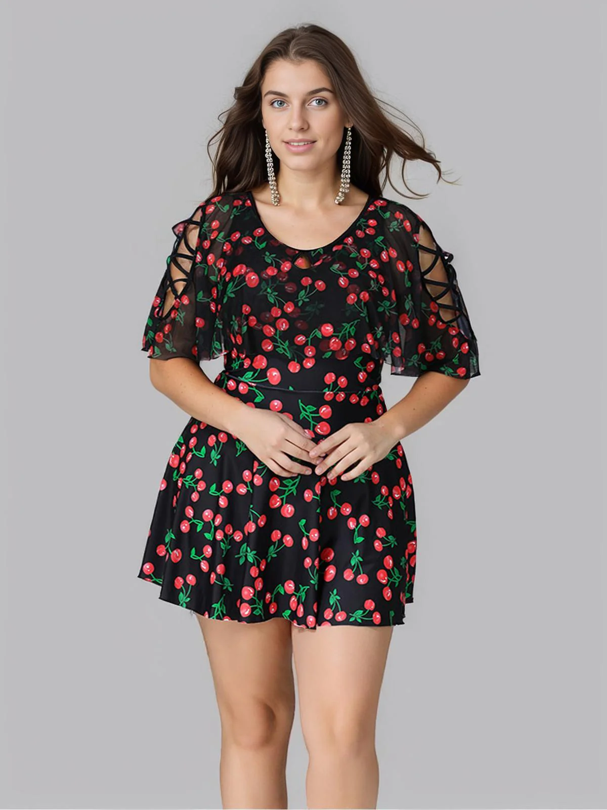 [Plus Size] Black 1930s Cherry Skirt Swimsuit - Image 2