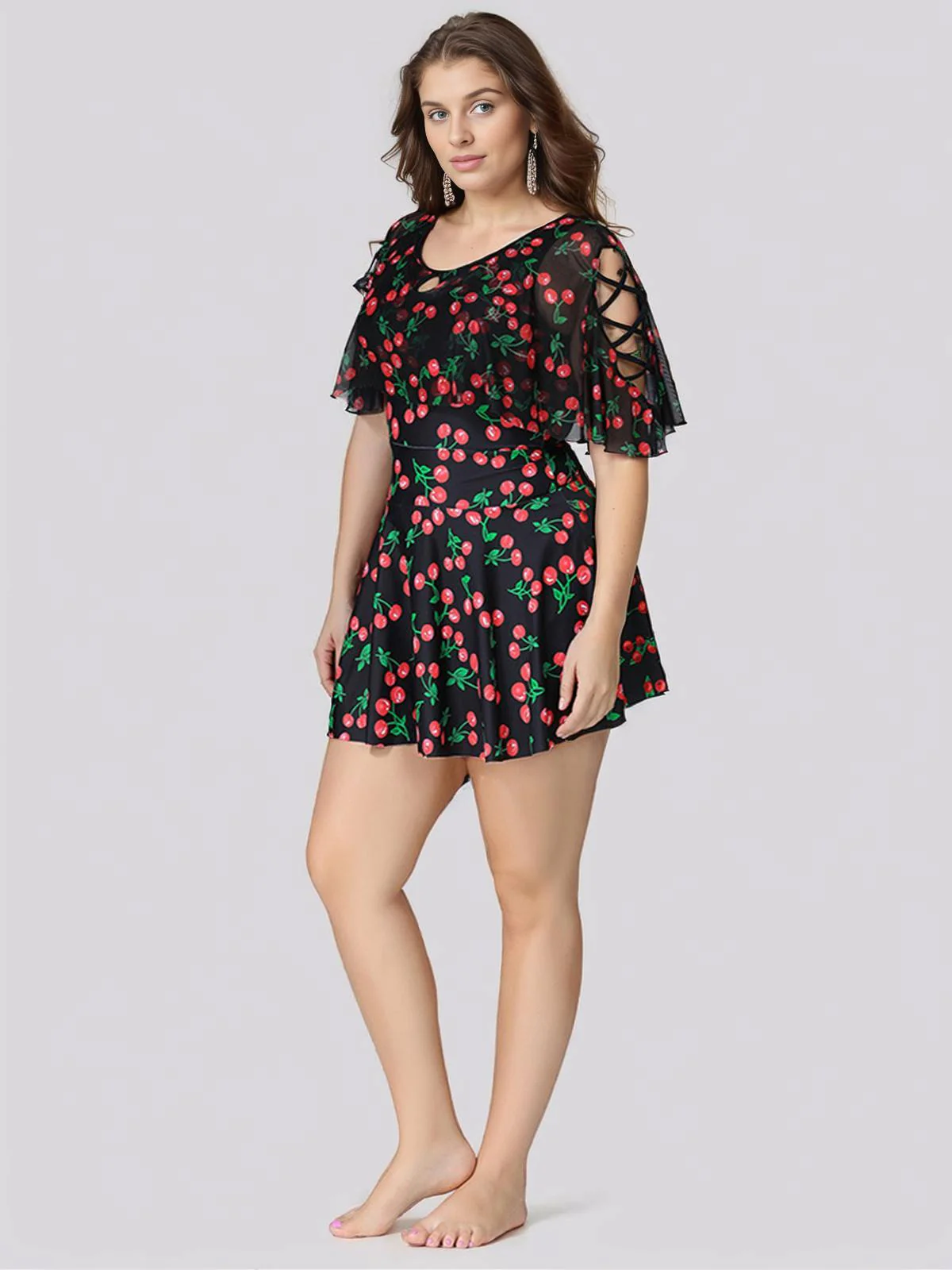 [Plus Size] Black 1930s Cherry Skirt Swimsuit - Image 3