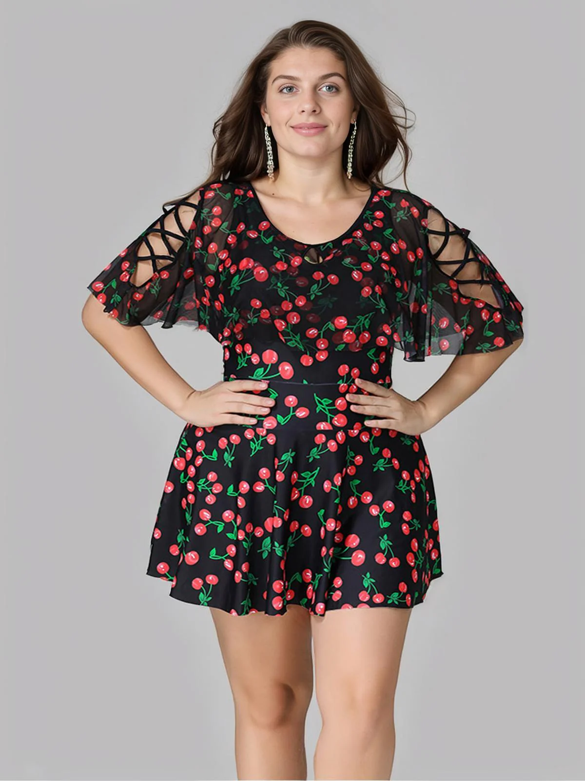 [Plus Size] Black 1930s Cherry Skirt Swimsuit - Image 4