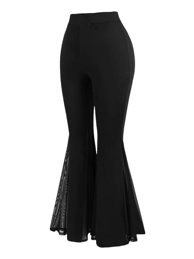 [Plus Size] Black 1930s High-Waist Mesh Panels Flare Pants - Image 3