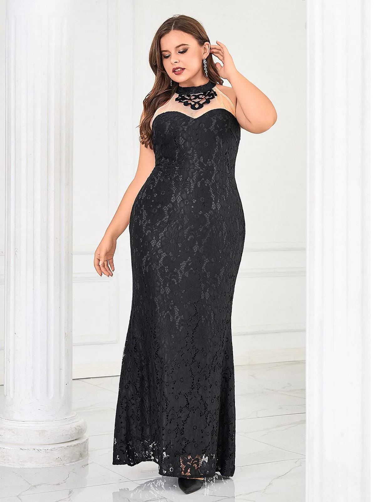 [Plus Size] Black 1930s Lace Patchwork Fishtail Evening Dress - Image 3