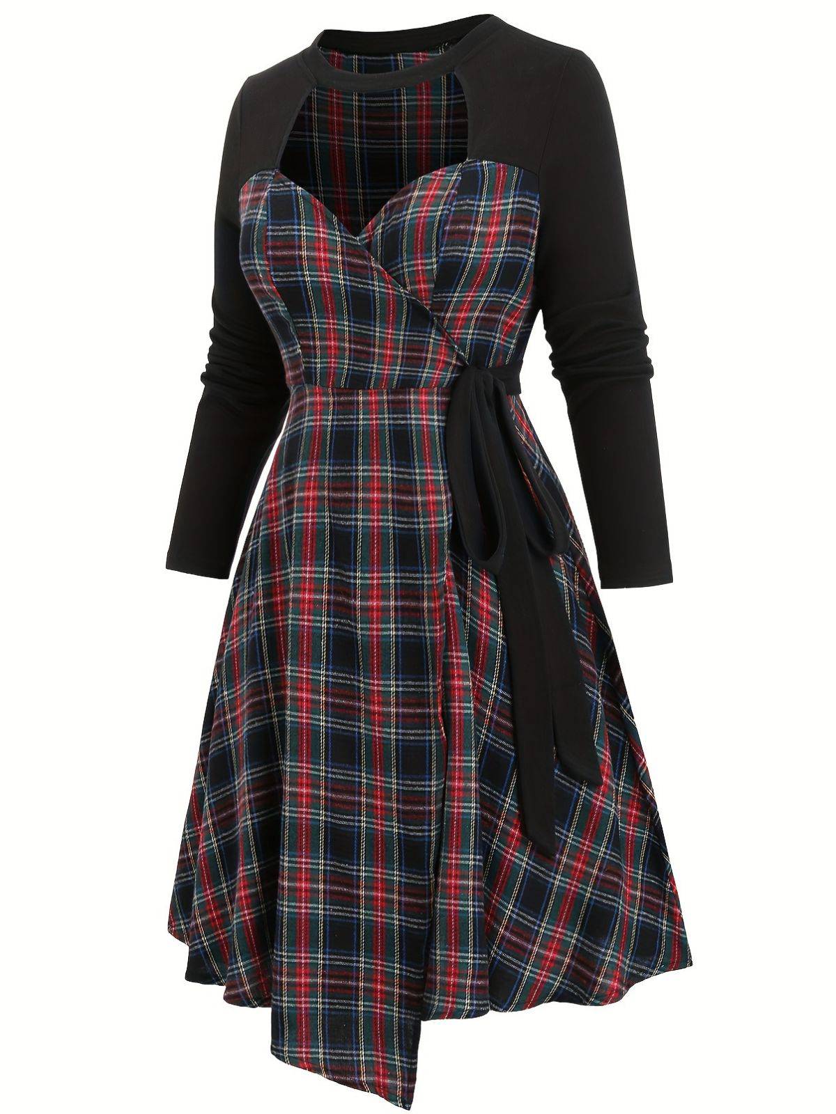 [Plus-Size] Black 1940s Cutout Plaid Patchwork Dress - Image 2