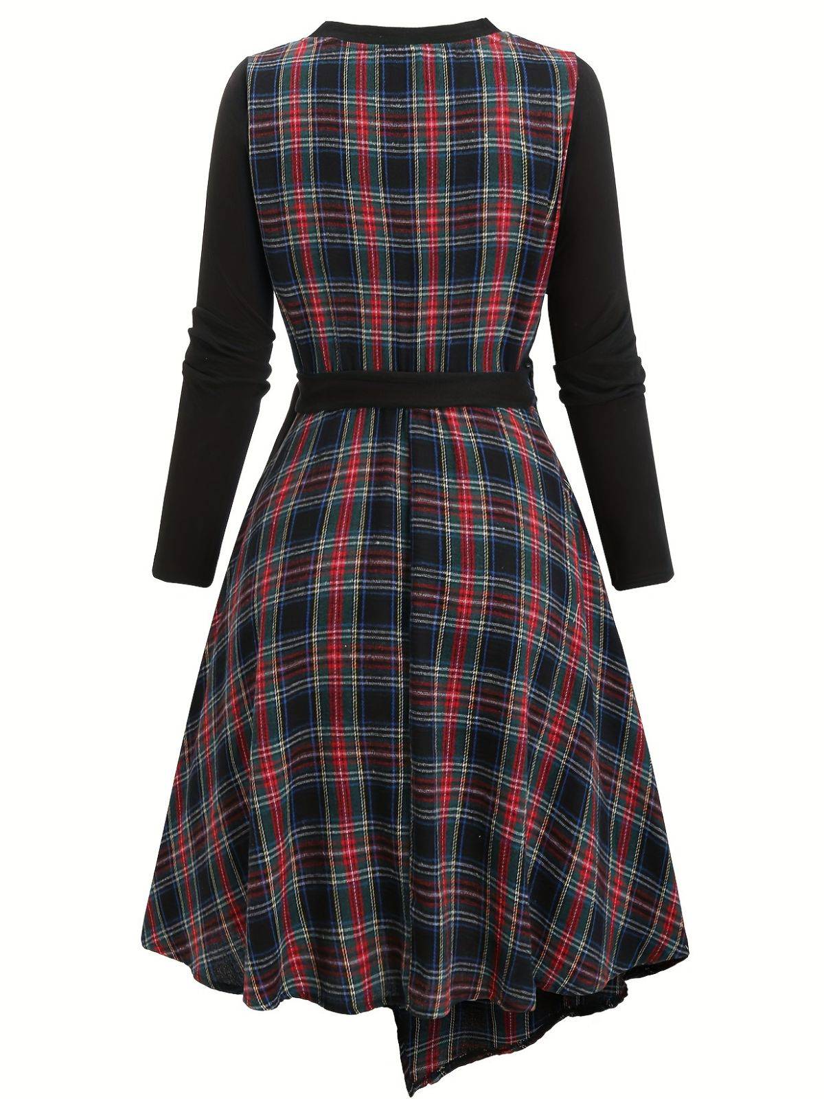 [Plus-Size] Black 1940s Cutout Plaid Patchwork Dress - Image 3