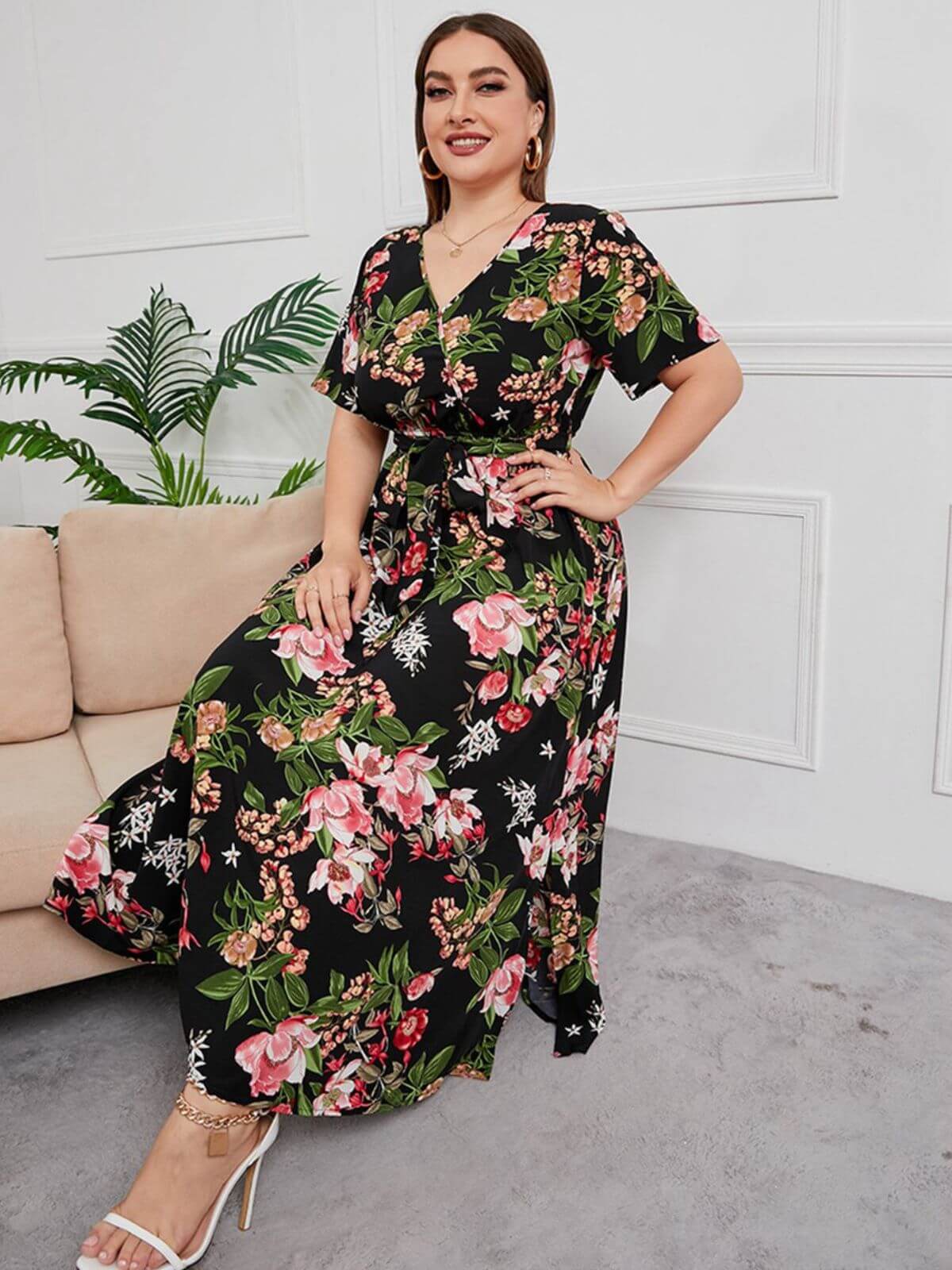 [Plus Size] Multicolor 1940s Floral V-Neck Tie-Up Dress - Image 3