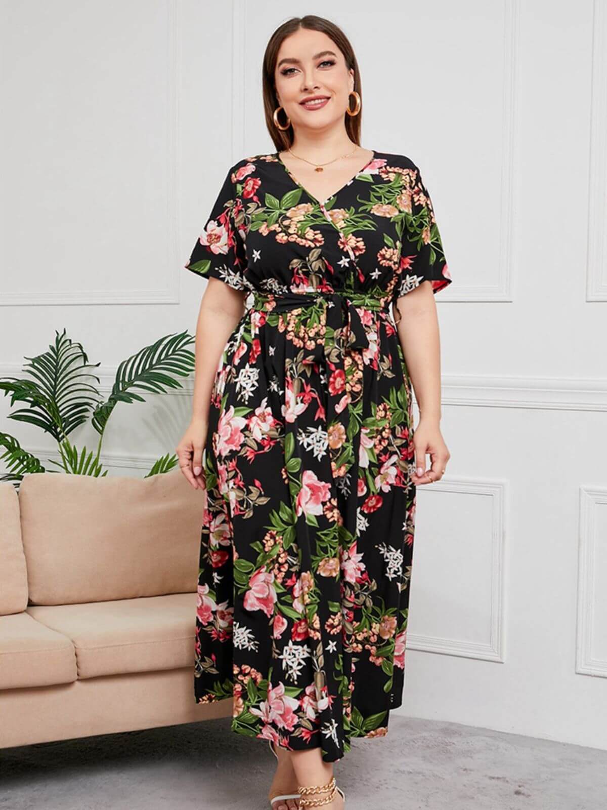[Plus Size] Multicolor 1940s Floral V-Neck Tie-Up Dress - Image 4