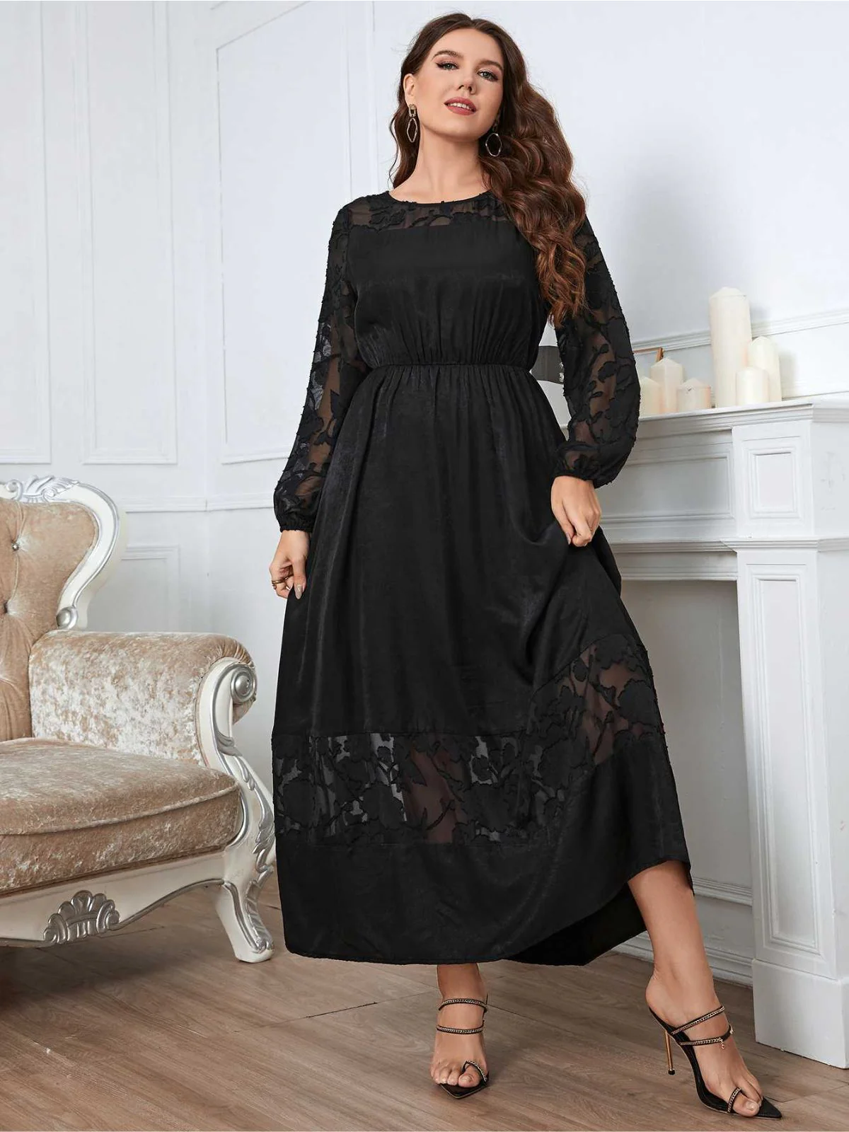 [Plus Size] Black 1940s Long Sleeve Solid Lace Dress - Image 2