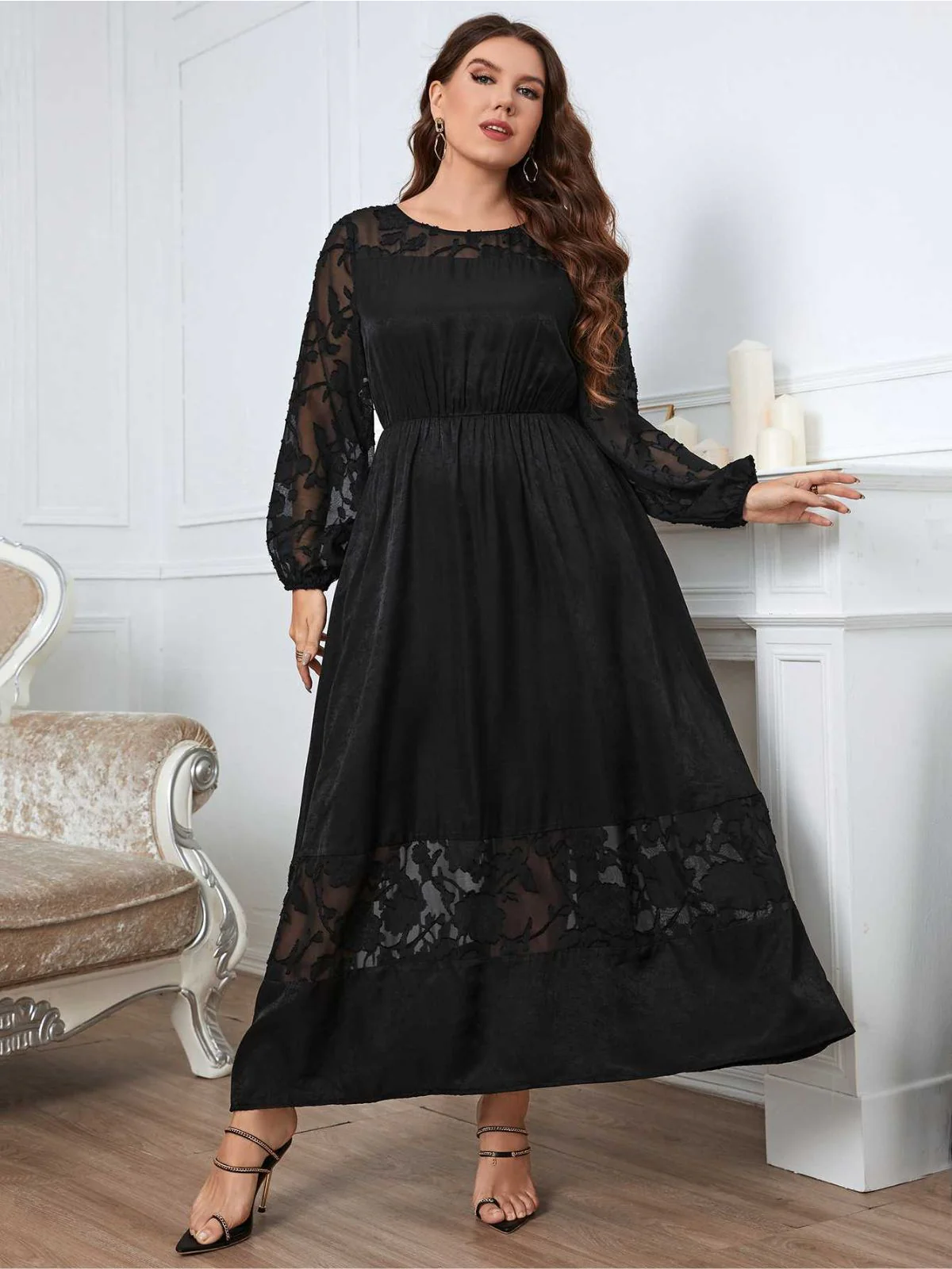 [Plus Size] Black 1940s Long Sleeve Solid Lace Dress - Image 3