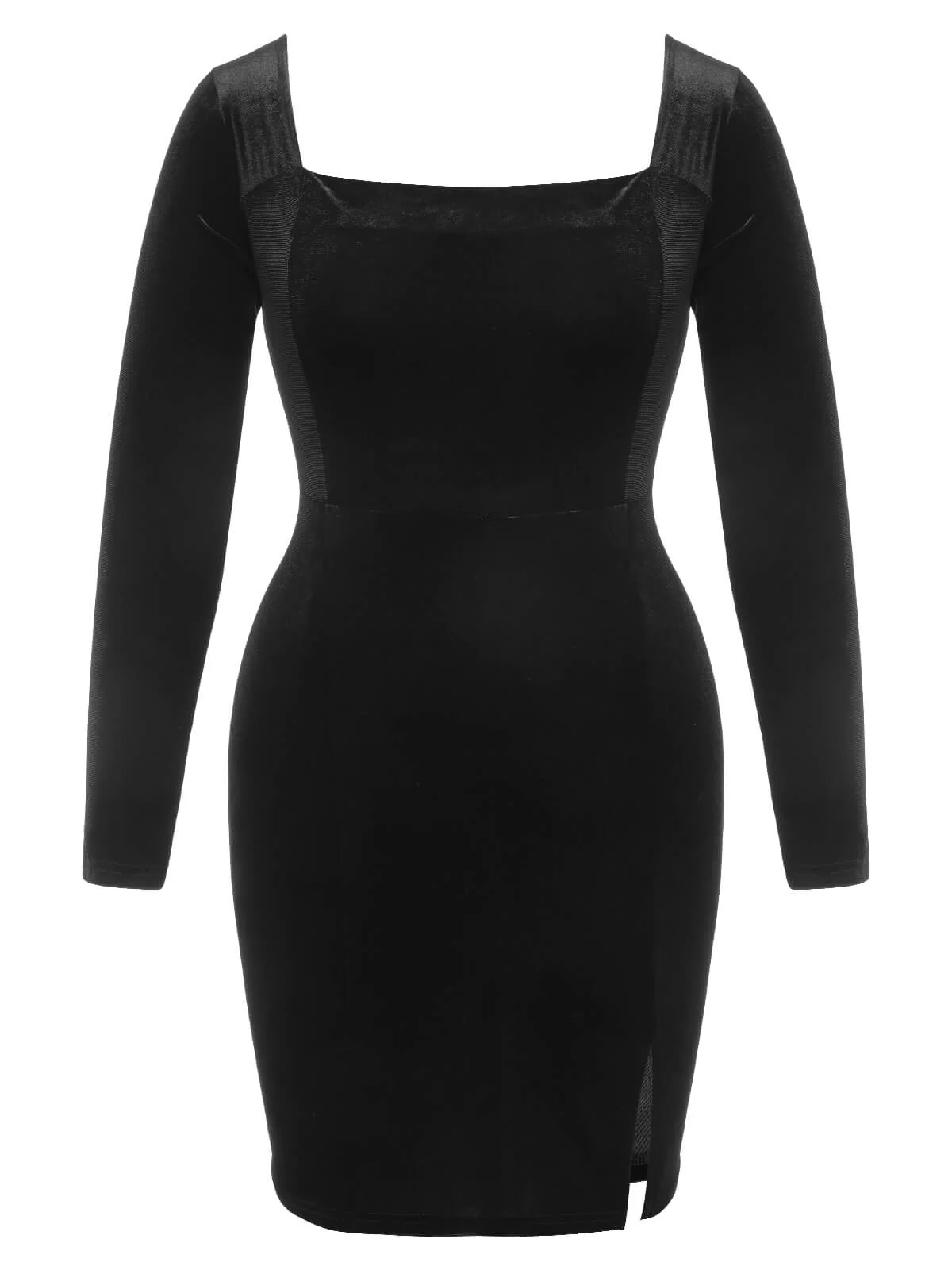 [Plus Size] Black 1940s Solid Square Neck Velvet Dress - Image 2