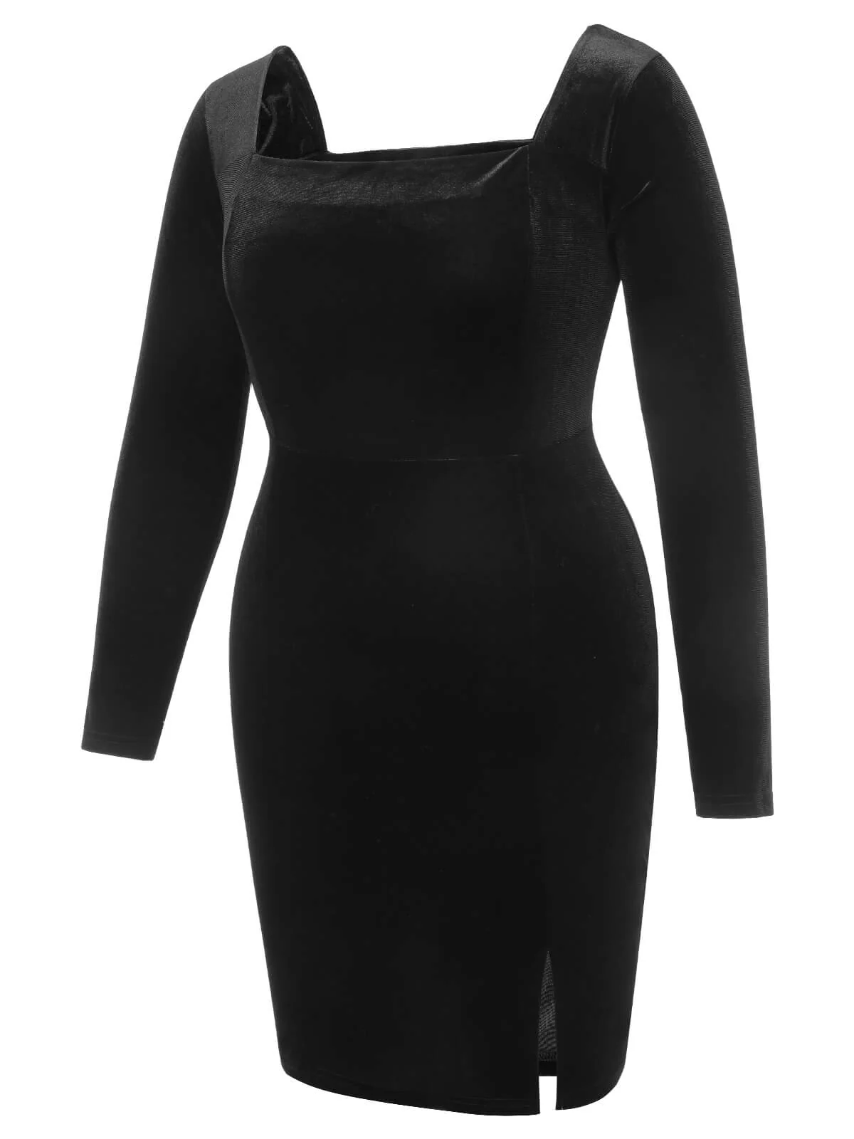 [Plus Size] Black 1940s Solid Square Neck Velvet Dress - Image 3