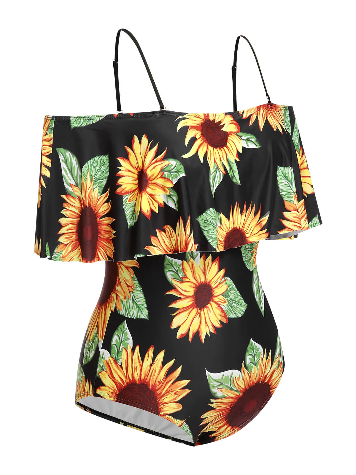 [Plus Size] Black 1940s Sunflower Cold-Shoulder Swimsuit - Image 2