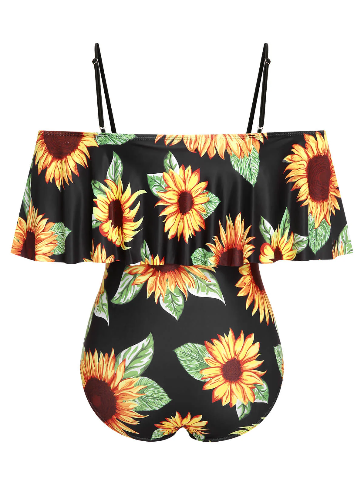[Plus Size] Black 1940s Sunflower Cold-Shoulder Swimsuit - Image 3
