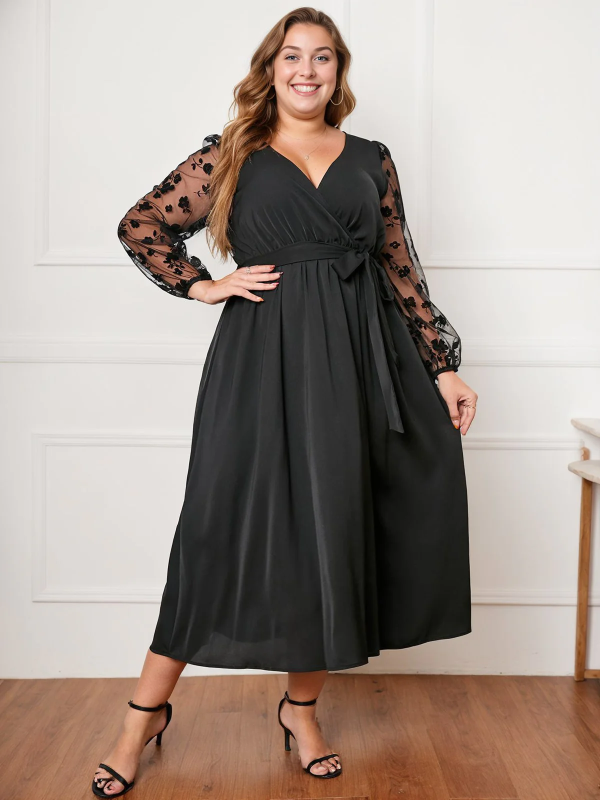[Plus Size] Black 1950s Floral Mesh Sleeves Dress - Image 3