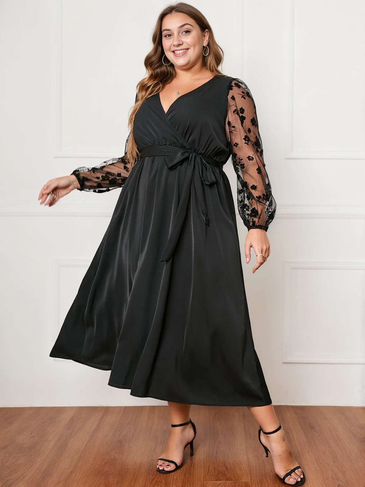 [Plus Size] Black 1950s Floral Mesh Sleeves Dress - Image 4