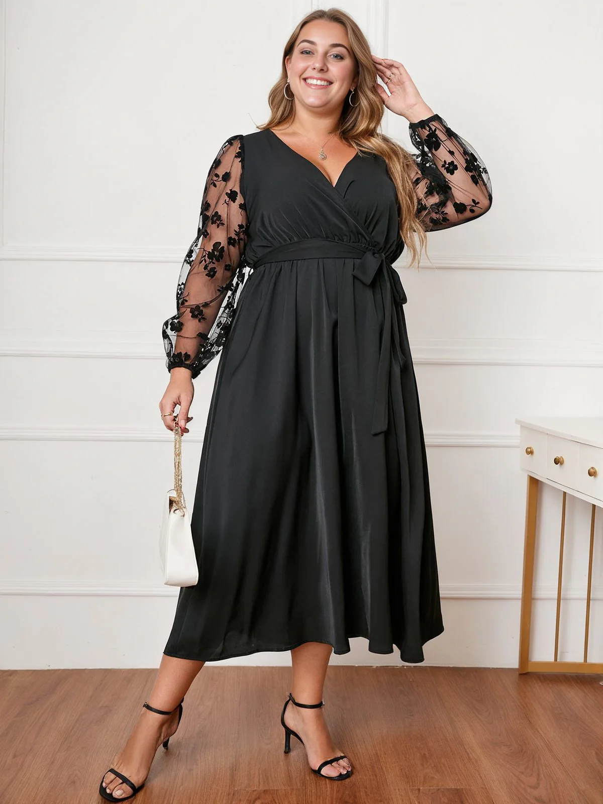 [Plus Size] Black 1950s Floral Mesh Sleeves Dress - Image 5