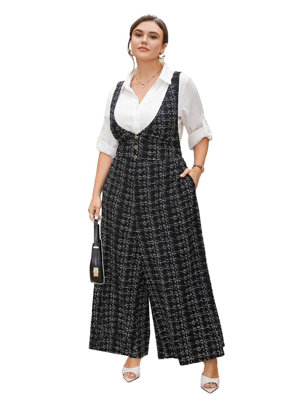 [Plus Size] Black 1950s Plaid Wide-Leg Overalls Jumpsuit - Image 2