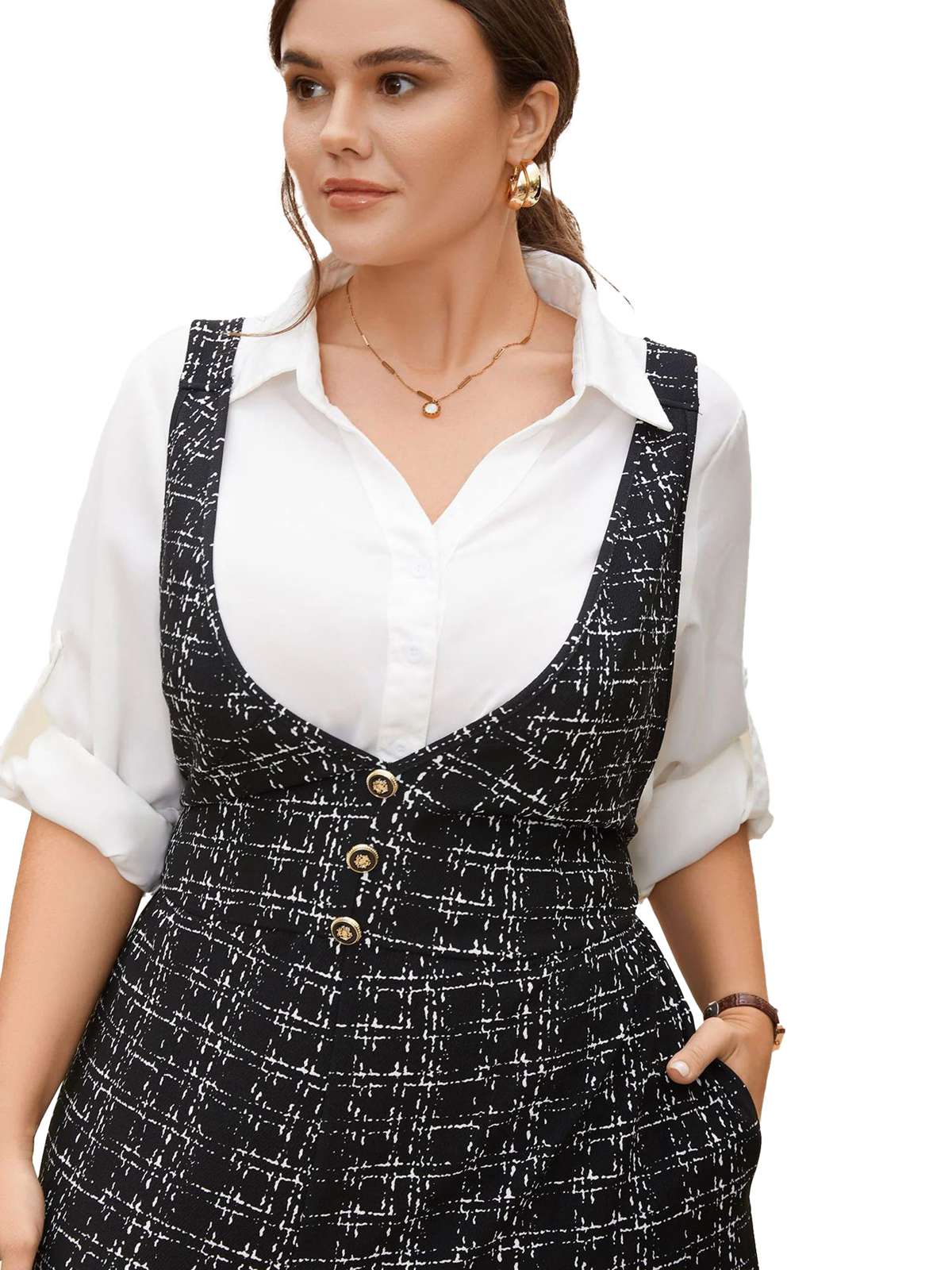 [Plus Size] Black 1950s Plaid Wide-Leg Overalls Jumpsuit - Image 4