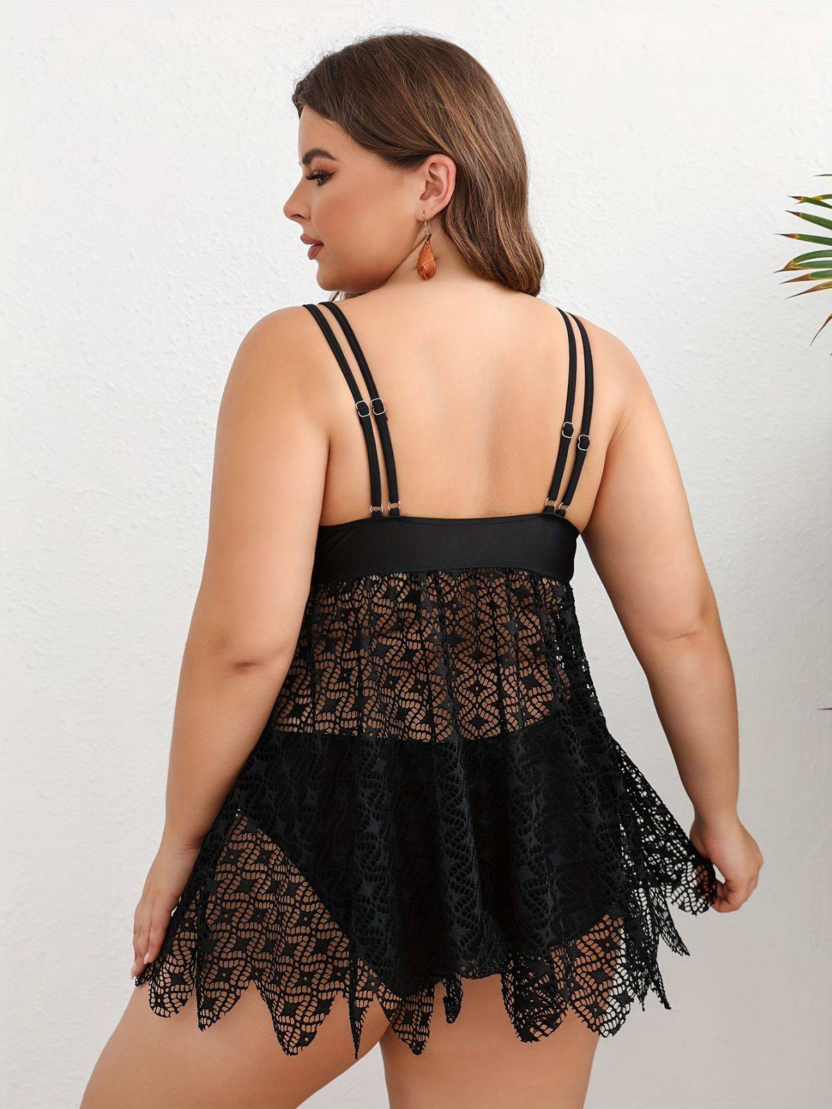 [Plus Size] Black 1950s Solid Bohemian Lace Tankini Set - Image 3