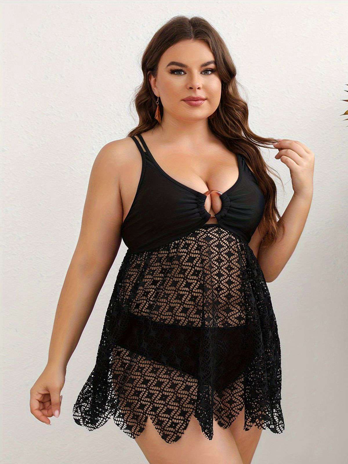 [Plus Size] Black 1950s Solid Bohemian Lace Tankini Set - Image 5