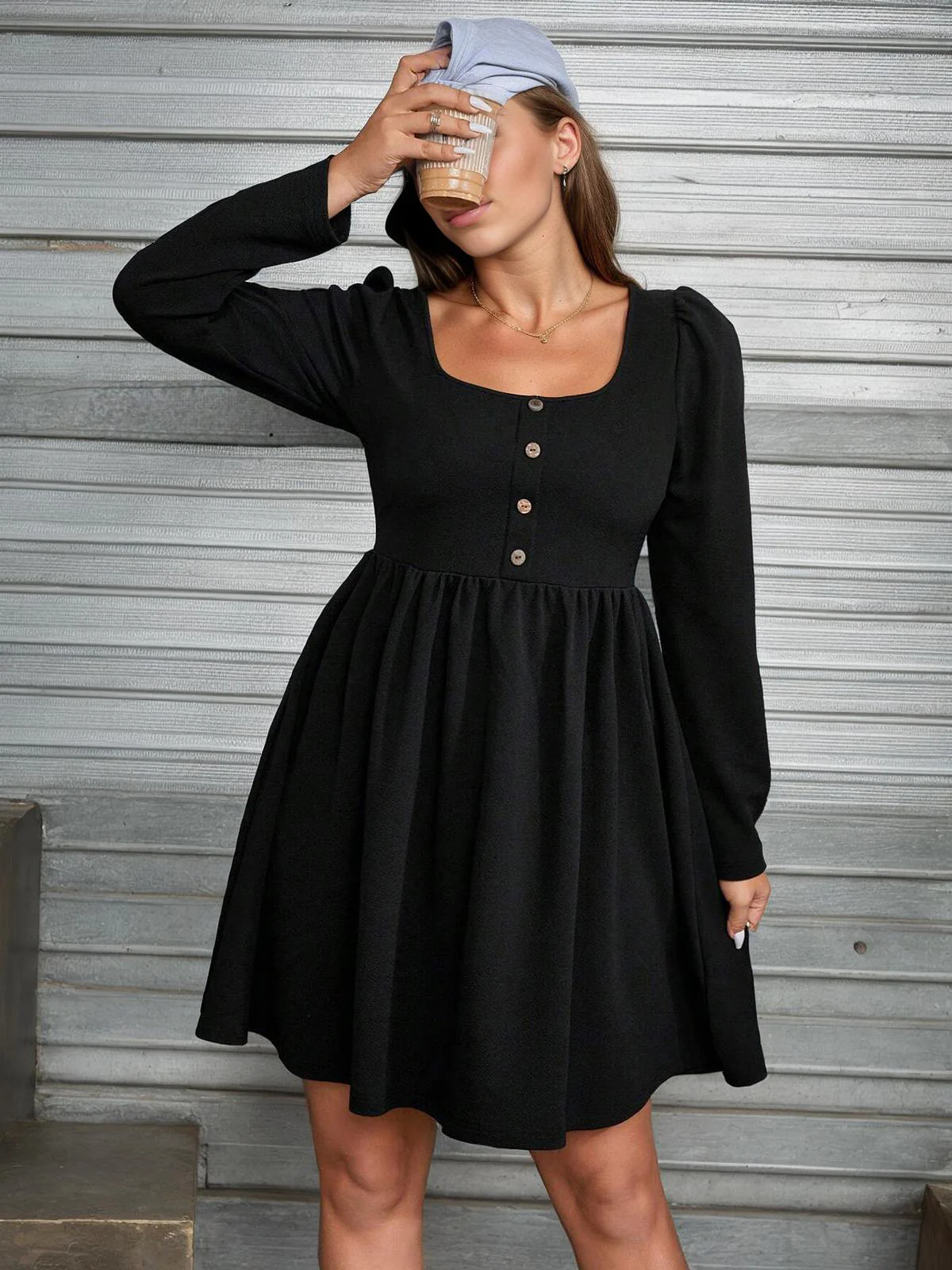 [Plus Size] Black 1950s Square Neck Solid Dress - Image 2