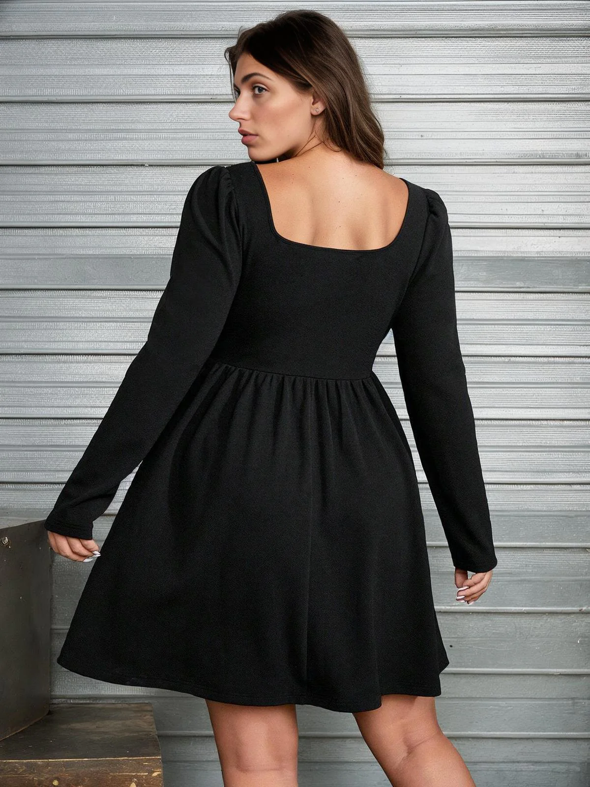 [Plus Size] Black 1950s Square Neck Solid Dress - Image 4