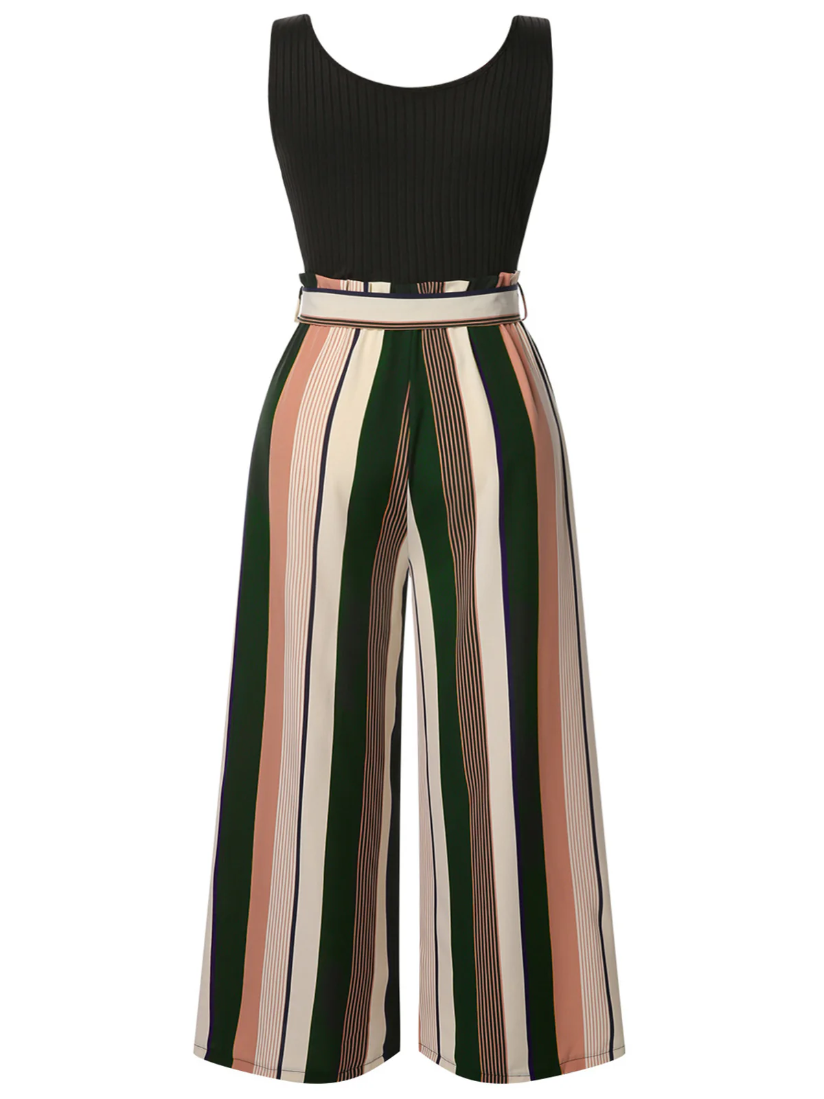 [Plus Size] Black 1950s Stripes Knitted Belted Jumpsuit - Image 2