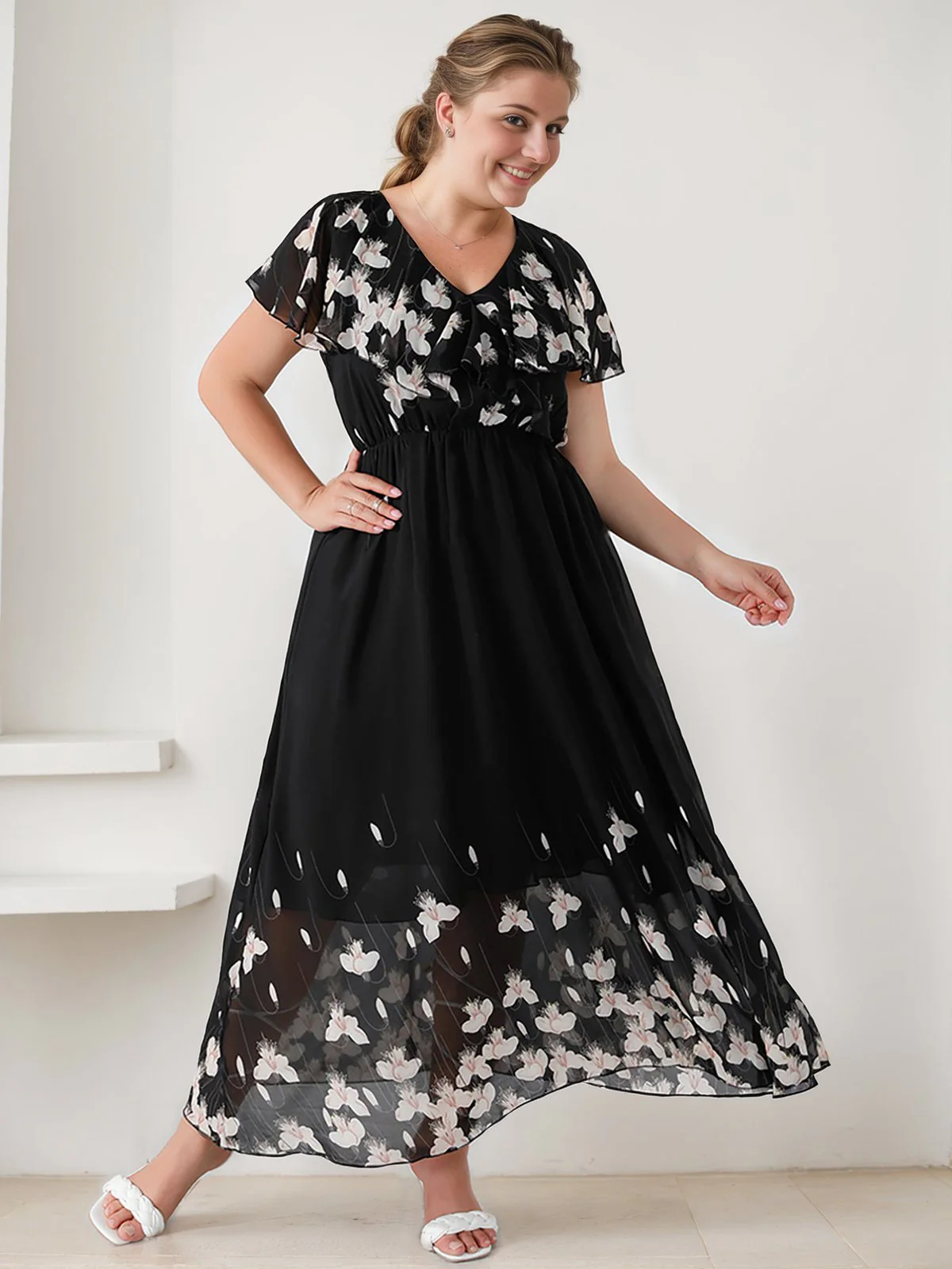 [Plus Size] Black 1950s V-Neck Butterflies Patchwork Dress - Image 2