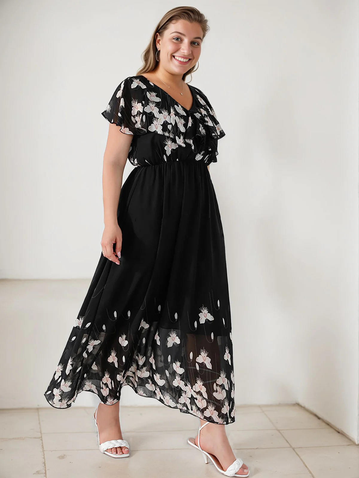 [Plus Size] Black 1950s V-Neck Butterflies Patchwork Dress - Image 4