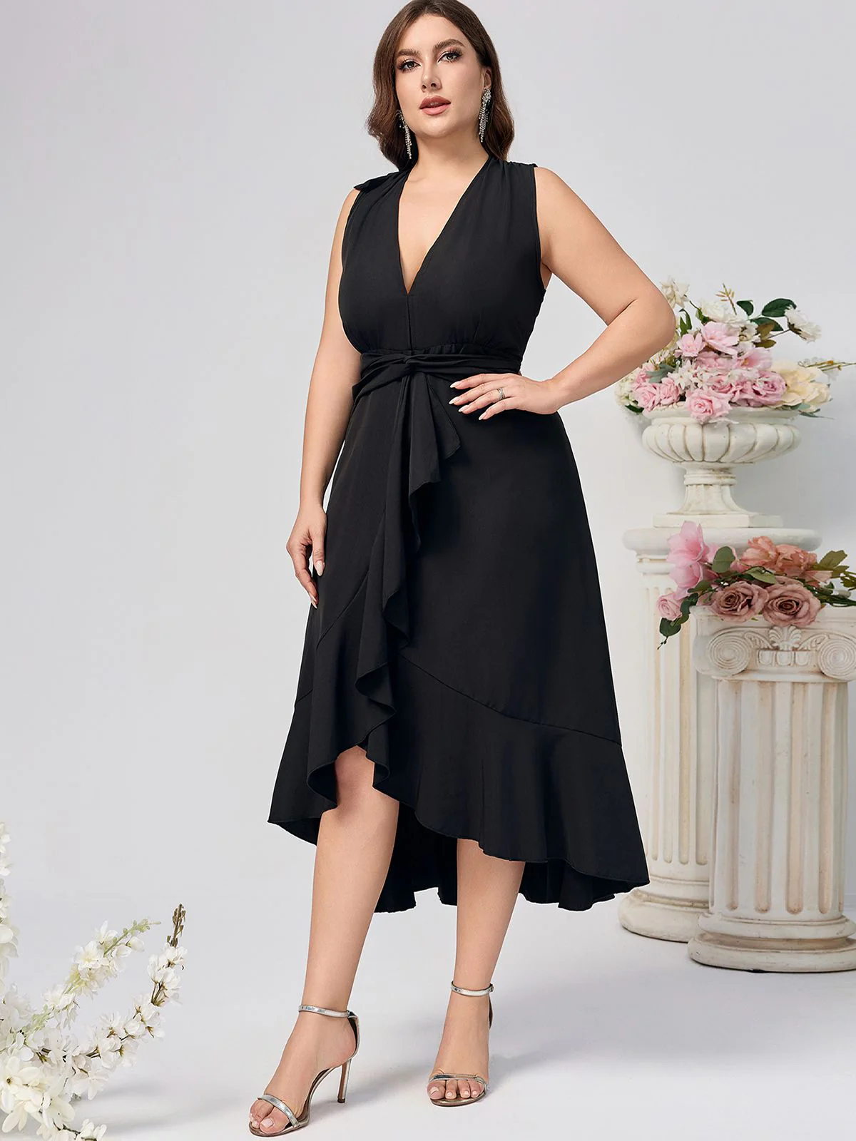 [Plus Size] Black 1950s V-Neck Ruffles Dress - Image 3