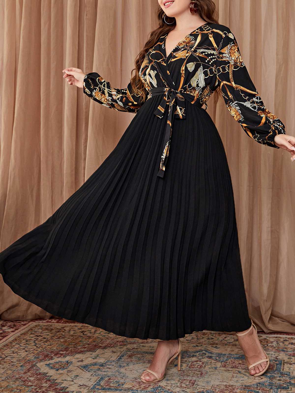 [Plus Size] Black 1950s V-Neck Tie Pleated Dress - Image 3