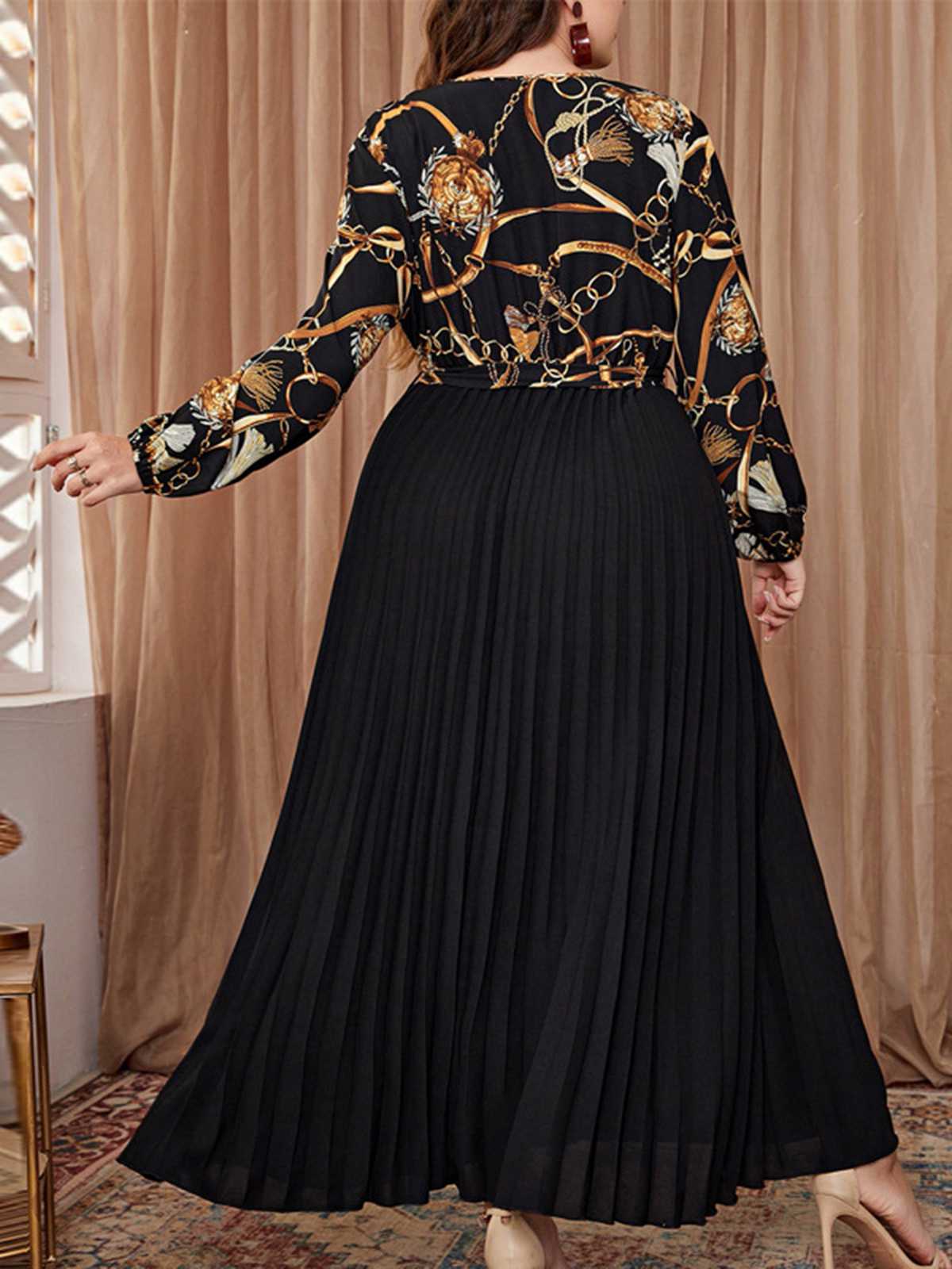 [Plus Size] Black 1950s V-Neck Tie Pleated Dress - Image 4