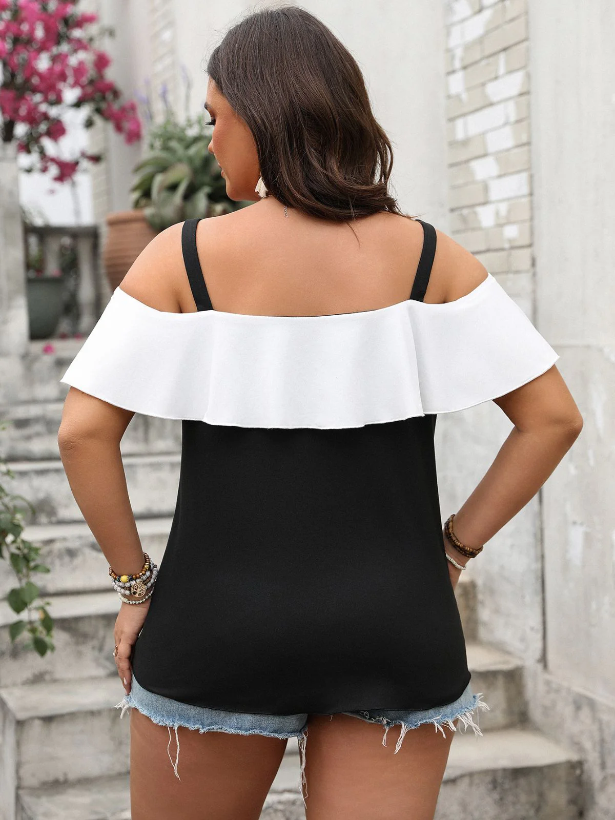 [Plus Size] Black 1960s Ruffle Cold-Shoulder Tie-Front Blouse - Image 2
