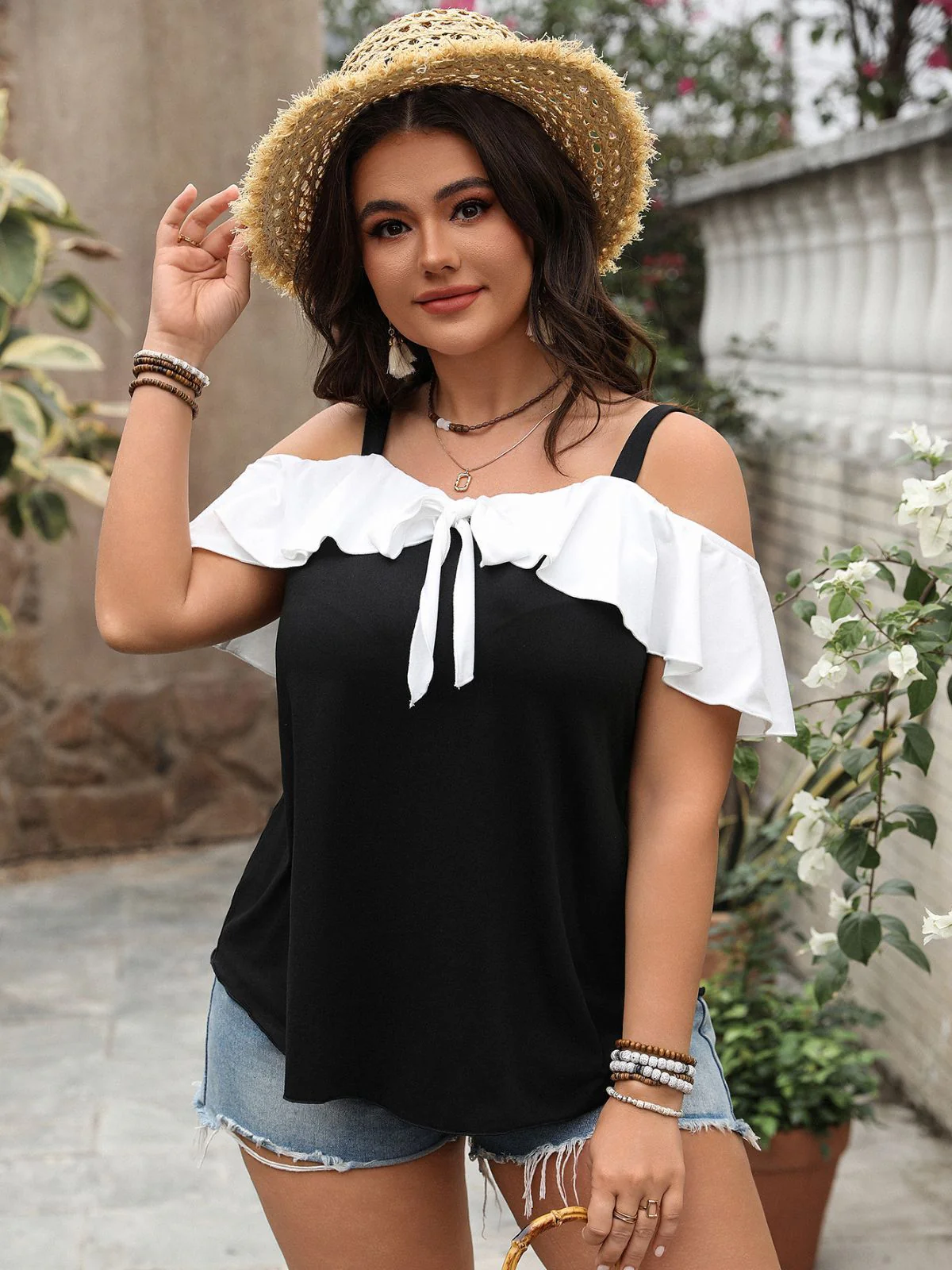 [Plus Size] Black 1960s Ruffle Cold-Shoulder Tie-Front Blouse - Image 4