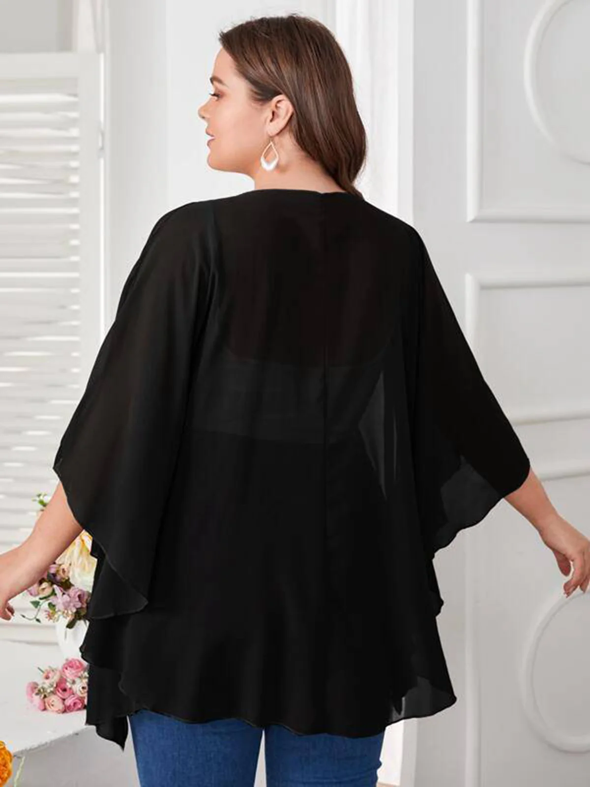 [Plus Size] Black 1960s Solid Dolman Sleeve Loose Cover Up - Image 2