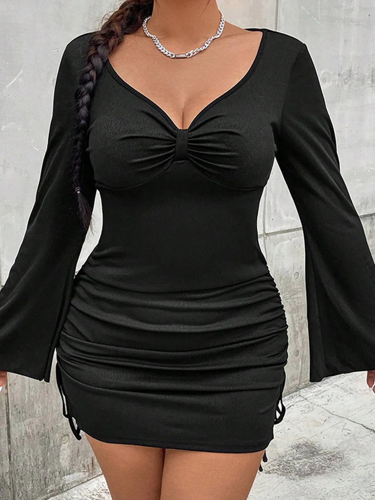 [Plus Size] Black 1960s Solid Drawstring Pencil Dress - Image 6