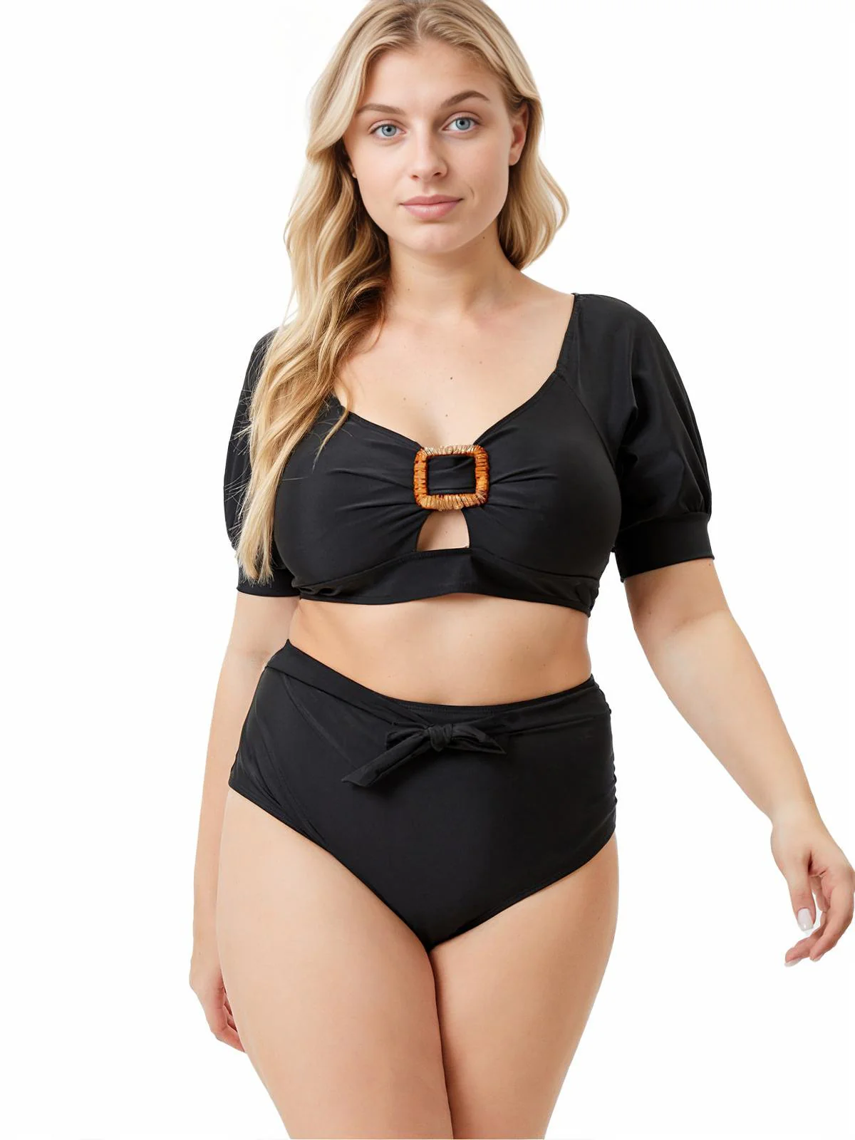 [Plus Size] Black 1960s Solid Hollow Puff Swimsuit - Image 3