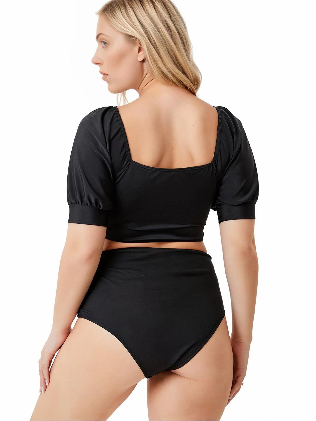 [Plus Size] Black 1960s Solid Hollow Puff Swimsuit - Image 4