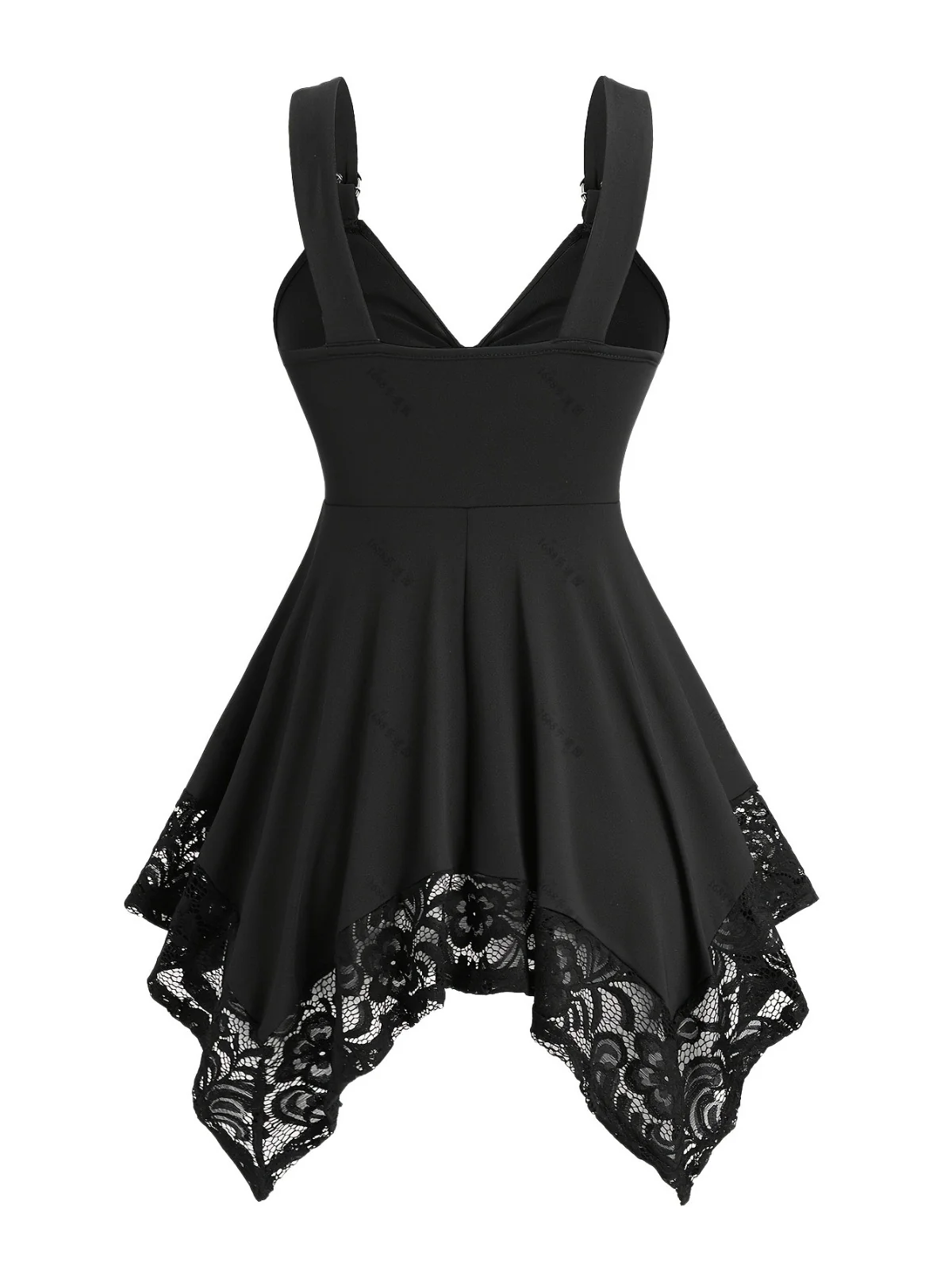 [Plus Size] Black 1970s Solid Heart Button Lace Tunic Top - Image 2