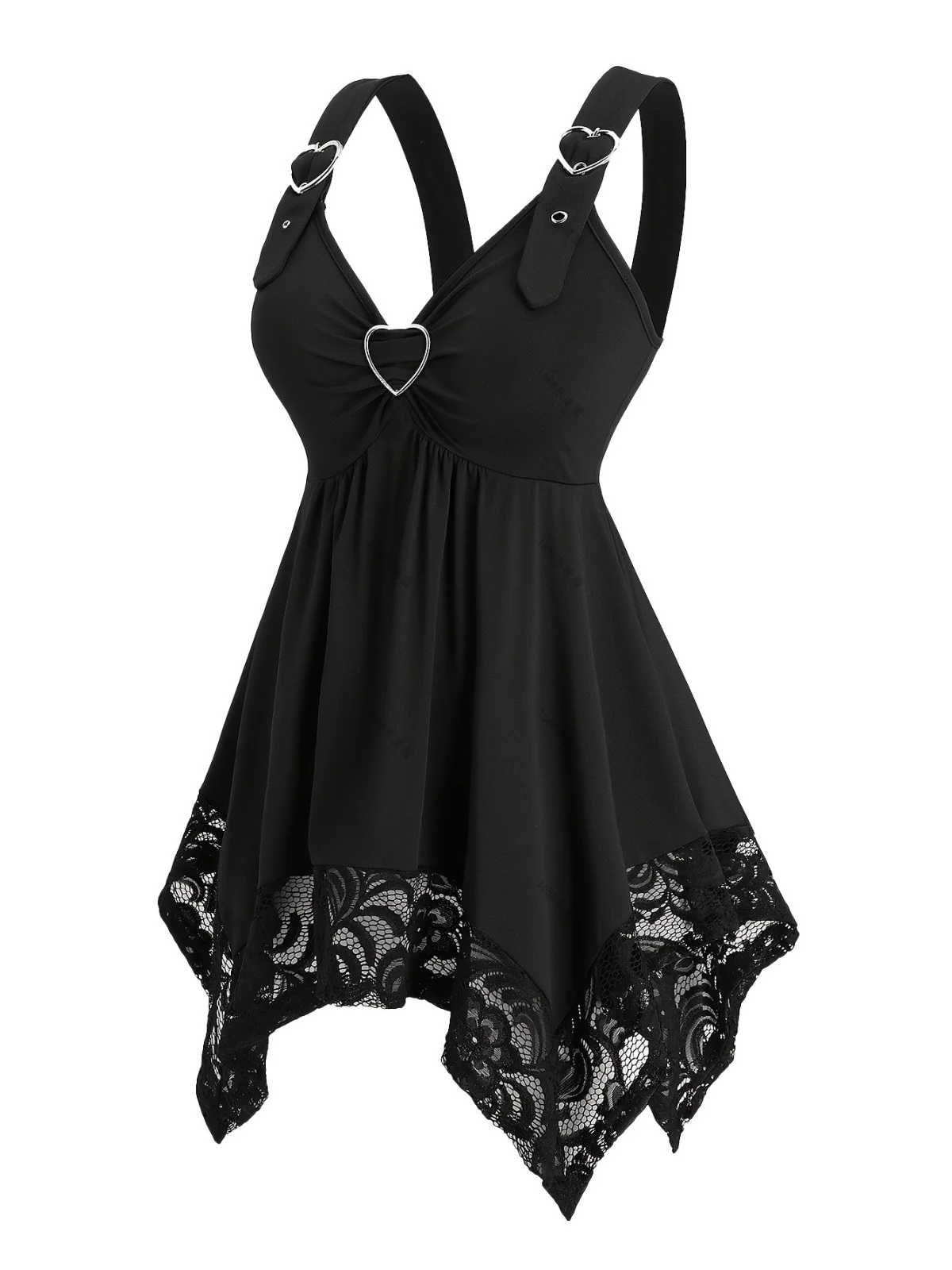 [Plus Size] Black 1970s Solid Heart Button Lace Tunic Top - Image 3