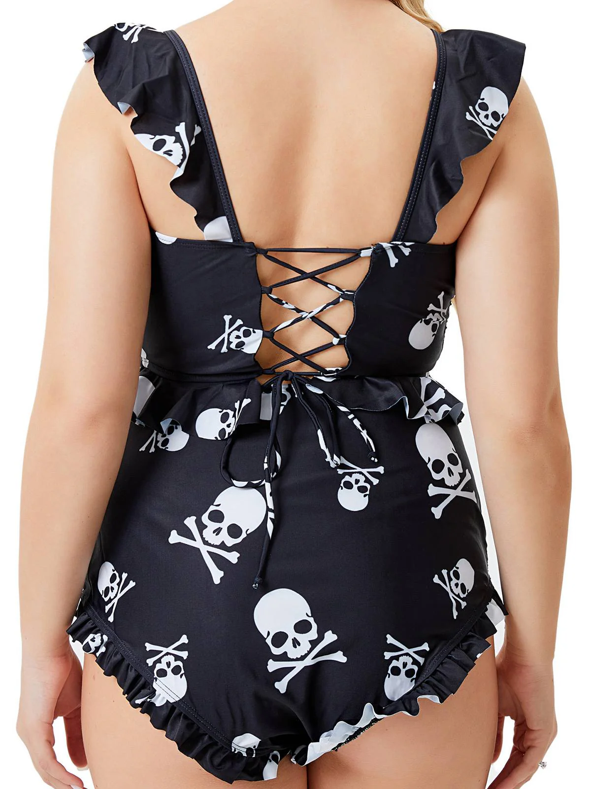 [Plus Size] Black 1980s Gothic Skull Print Ruffles Bikini Set - Image 3