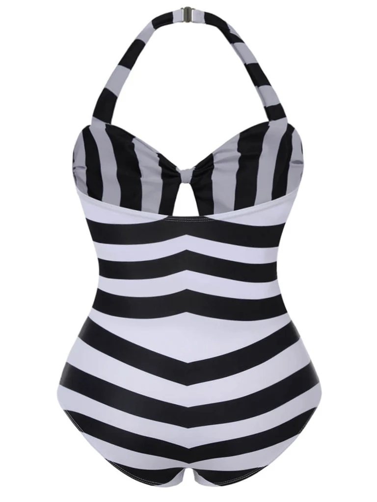 [Plus Size] Black & White 1950s Barbie Striped Halter One-Piece Swimsuit - Image 2