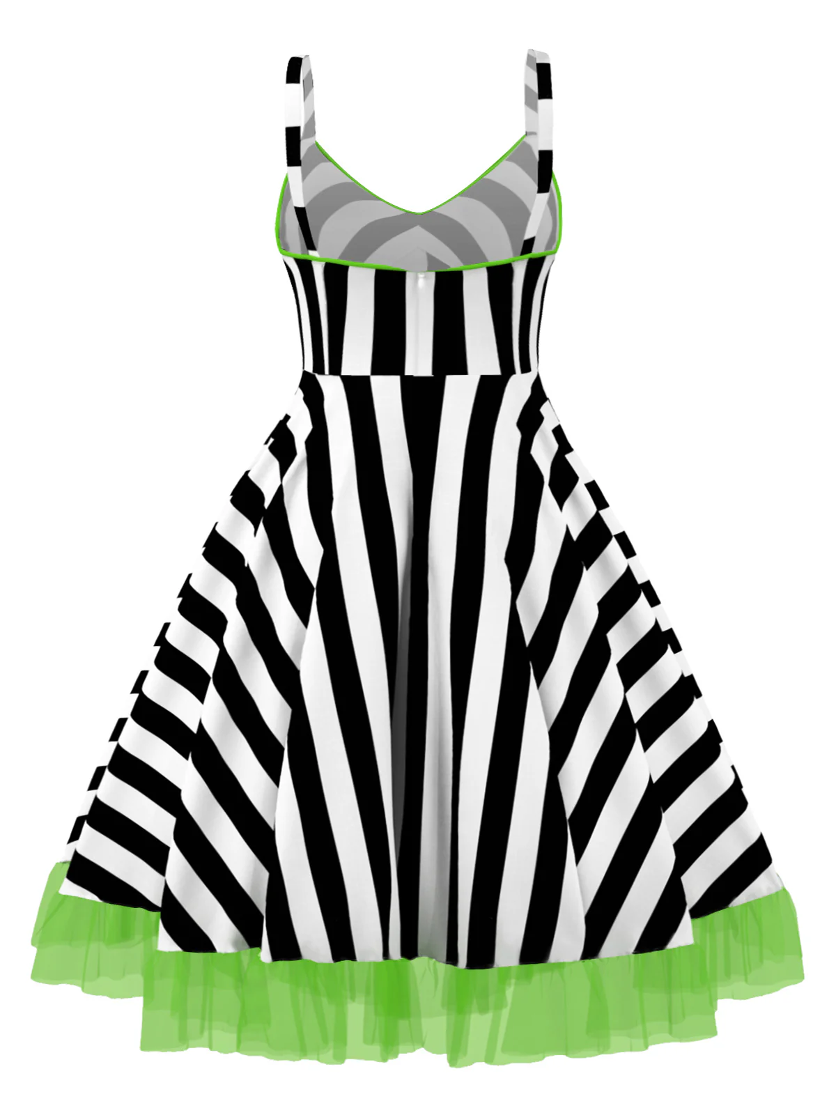 [Plus Size] Black&White 1950s Striped Fluorescent Green Lace Dress - Image 3