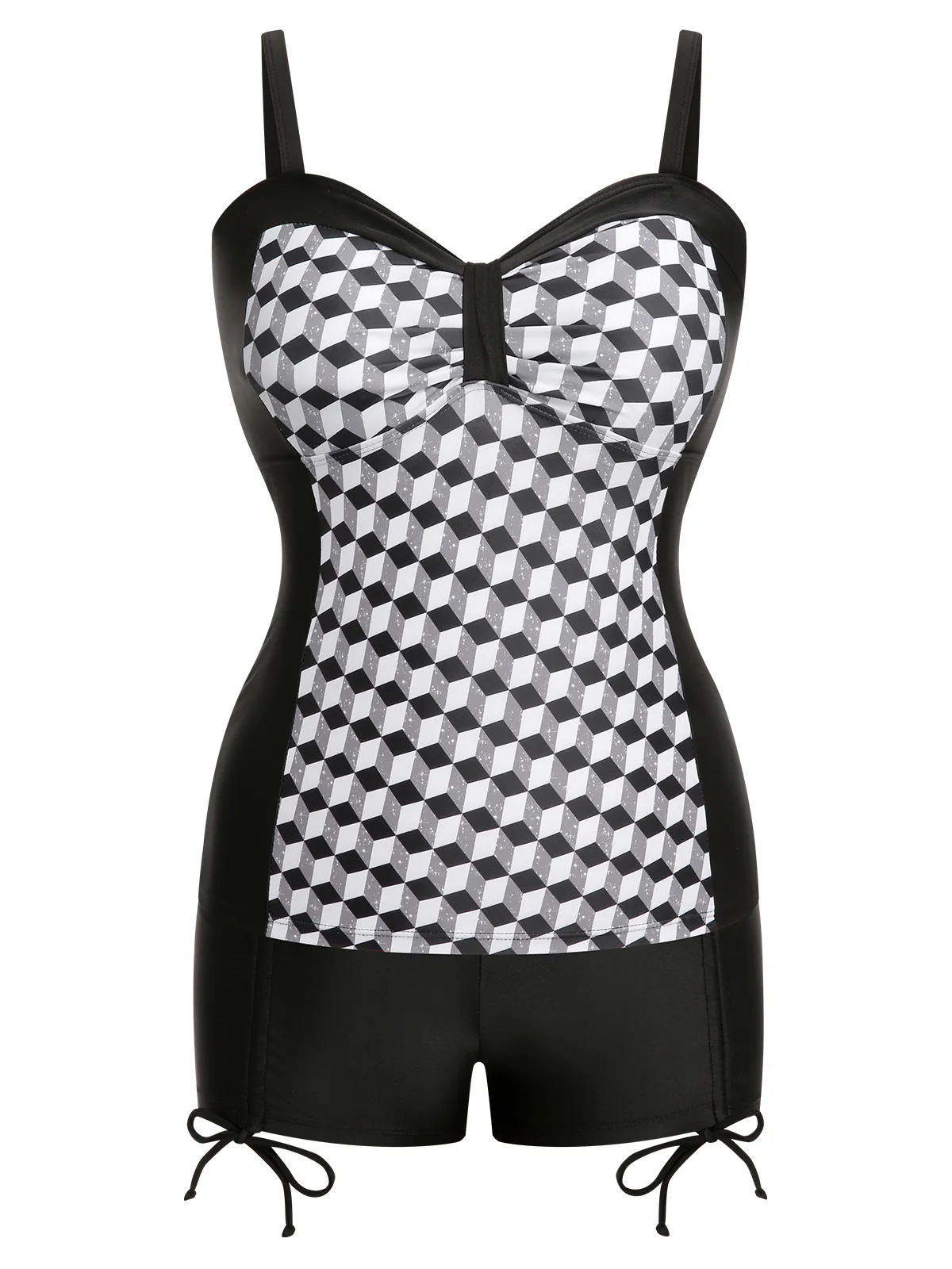 [Plus Size] Black & White 1960s Geometric Lace-Up Swimsuit - Image 5