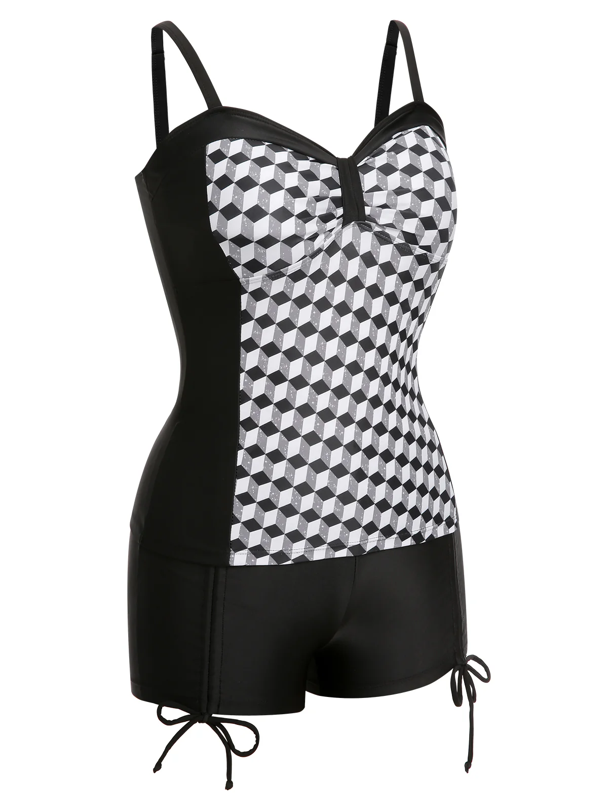 [Plus Size] Black & White 1960s Geometric Lace-Up Swimsuit - Image 6
