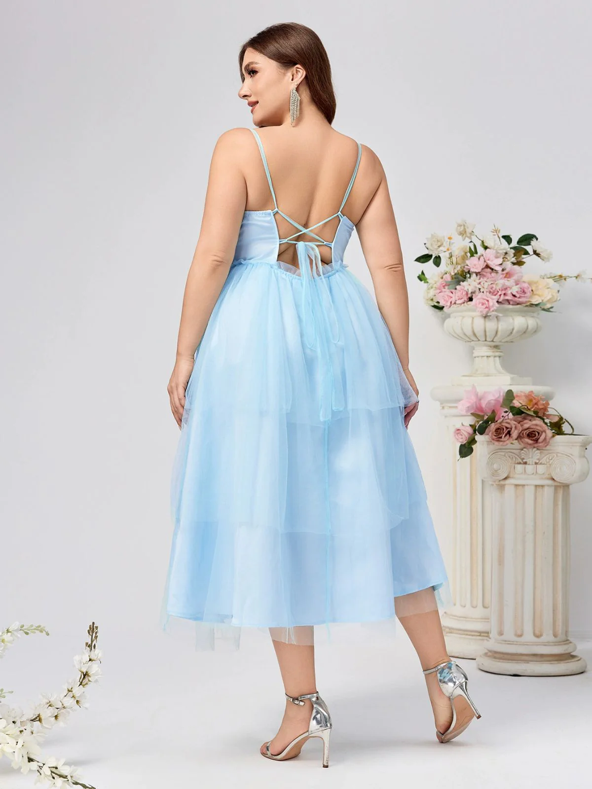 [Plus Size] Blue 1940s Layered Spaghetti Strap Wedding Guest Dress - Image 3