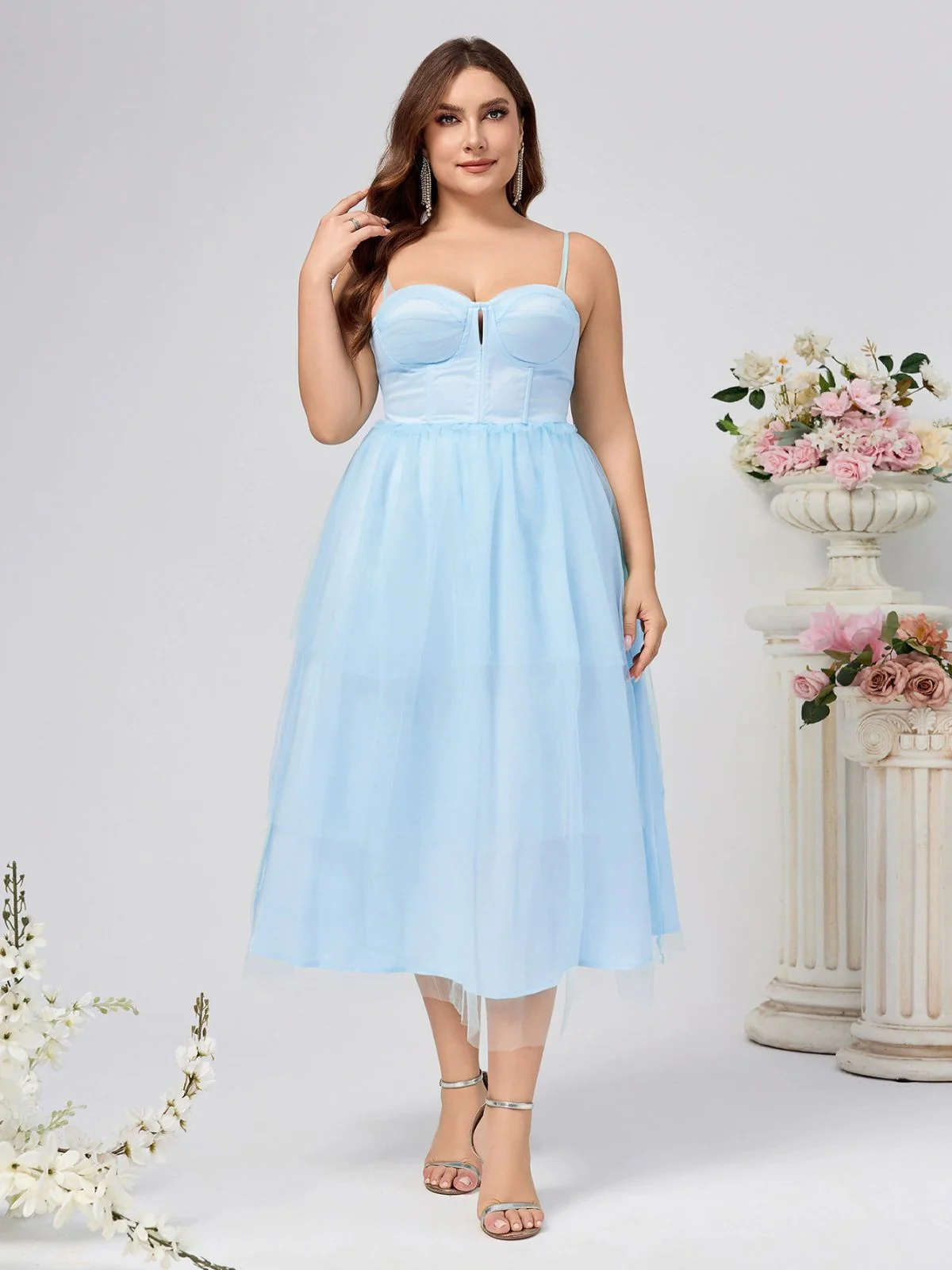 [Plus Size] Blue 1940s Layered Spaghetti Strap Wedding Guest Dress - Image 5