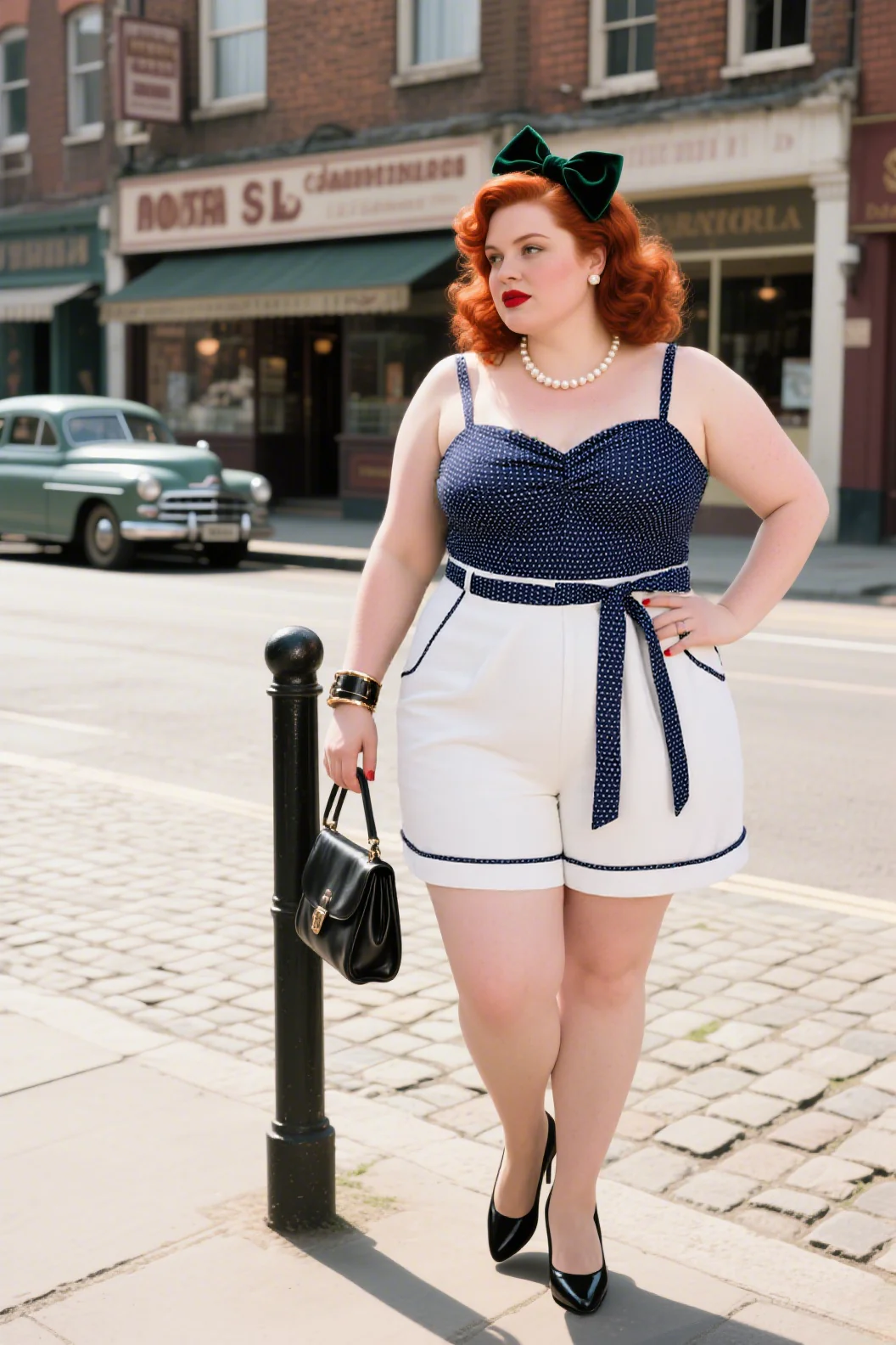 [Plus Size] Blue 1940s Polka Dot Patchwork Suspender Romper - Image 2