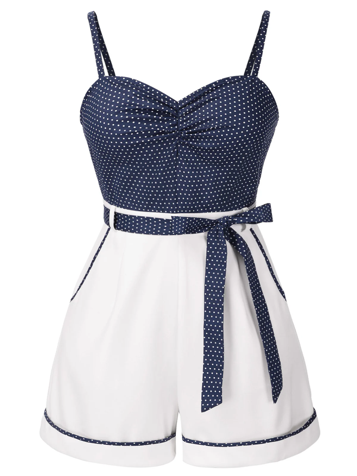 [Plus Size] Blue 1940s Polka Dot Patchwork Suspender Romper - Image 3
