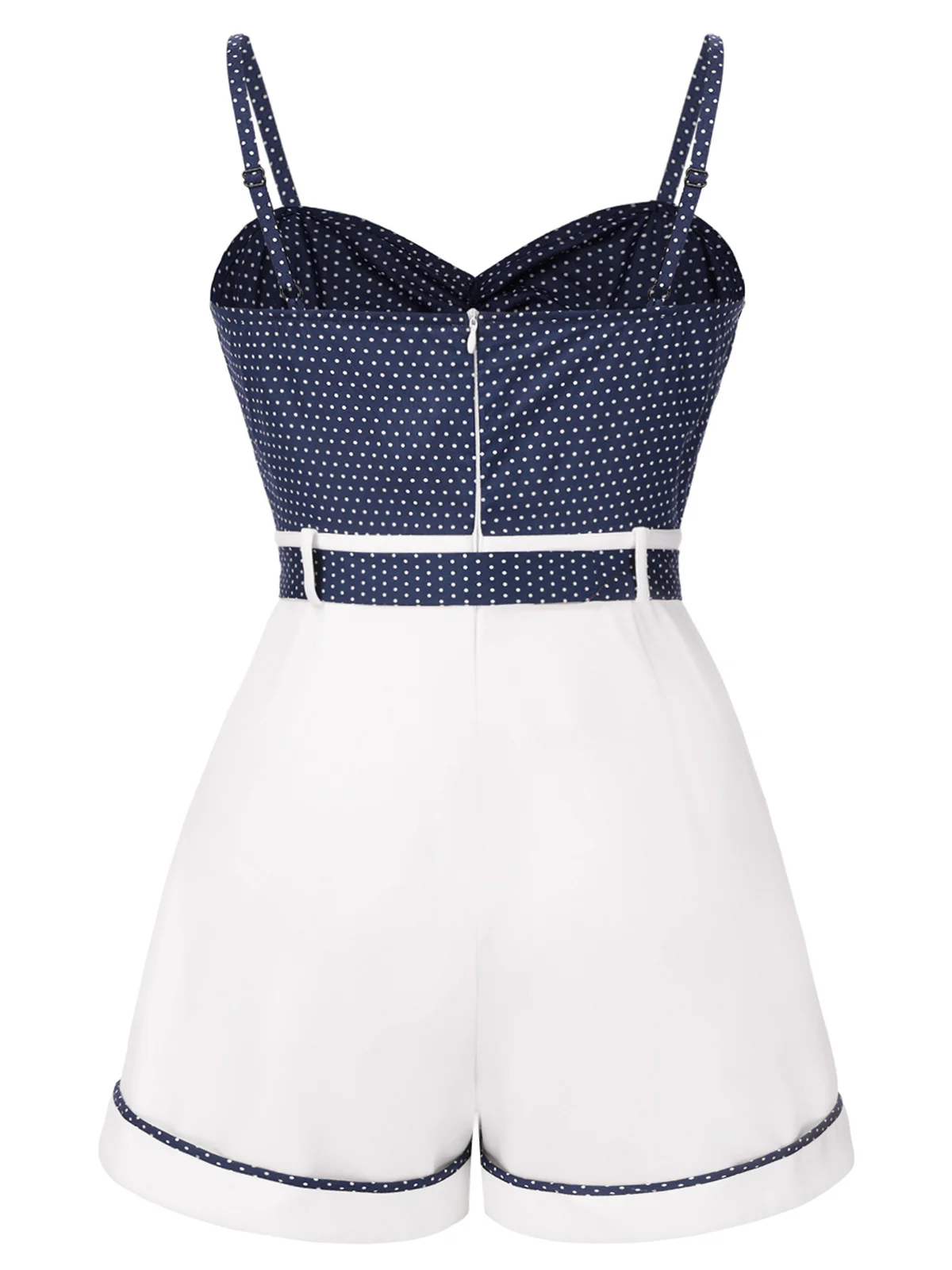 [Plus Size] Blue 1940s Polka Dot Patchwork Suspender Romper - Image 4